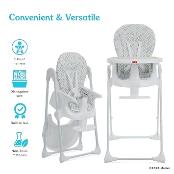 Dream On Me Fisher Price Tiny Bites Baby & Toddler Highchair Cloud Grey, One-Click Folding, 7 Adjustable Height Levels, 2 Recline Positions, Removable Dishwasher-Safe Tray, Space-Saving