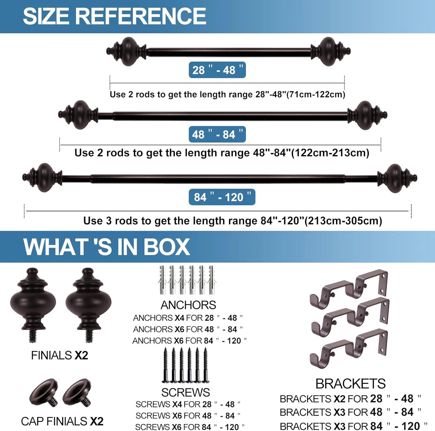 Urbanest Round Urn Adjustable Double Drapery Curtain Rod Set, 5/8", 28-48", Bronze