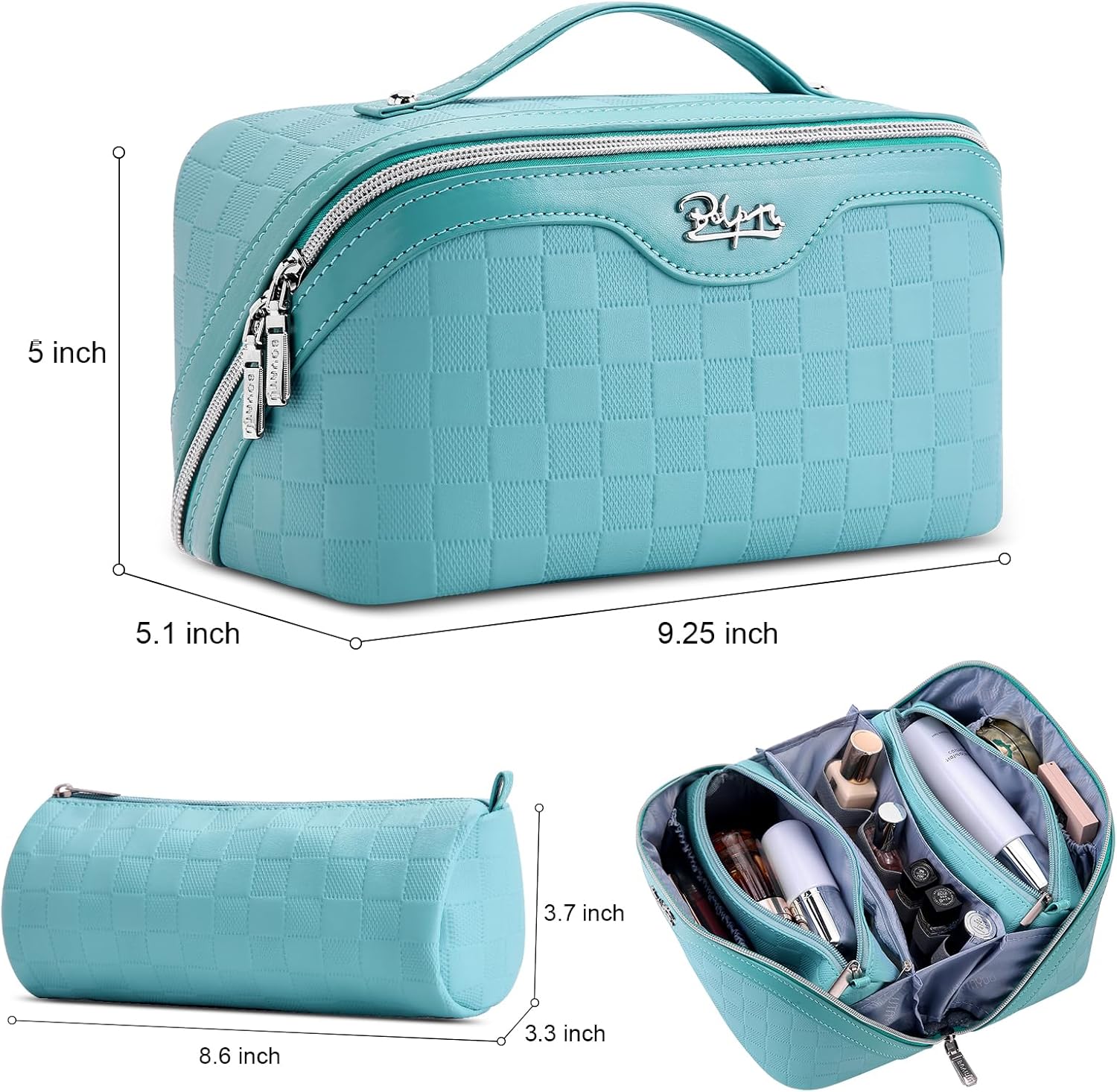 BOYATU Travel Makeup Bag Organizer Cosmetic Bag: 3 Pcs Set Make up Bags for Women with Handle - Waterproof Vegan Leather Toiletry Bags Travel Essentials Pouch with Compartments (01-C-Blue) - Image 2