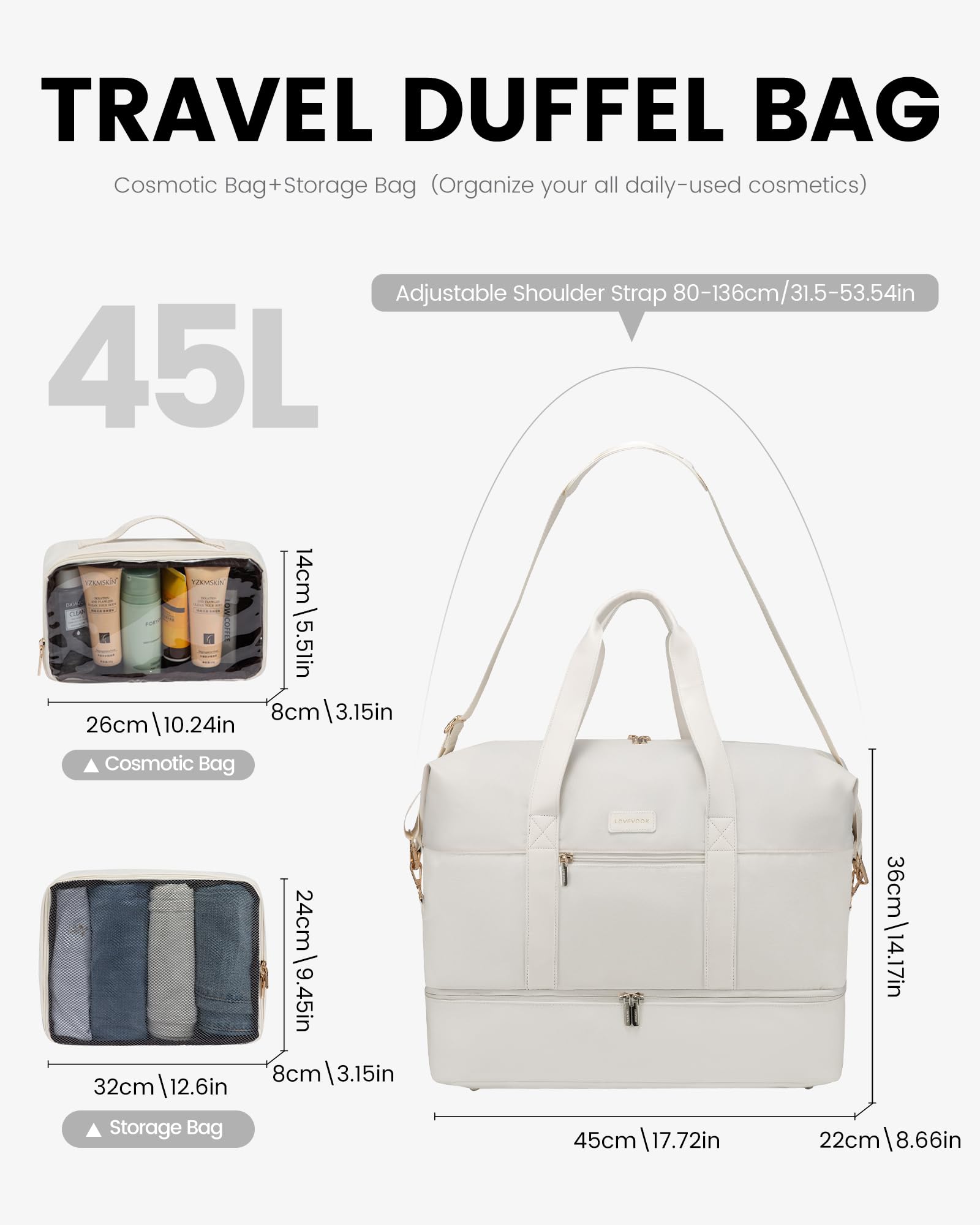 LOVEVOOK Weekender Reisetasche Damen, Sporttasche Handgepäck Tasche 45x36x20, Groß Kliniktasche Geburt, Travel Bag Duffle Bag mit Kulturtasche Schuhfach für Flugzeug Reisen, Beige