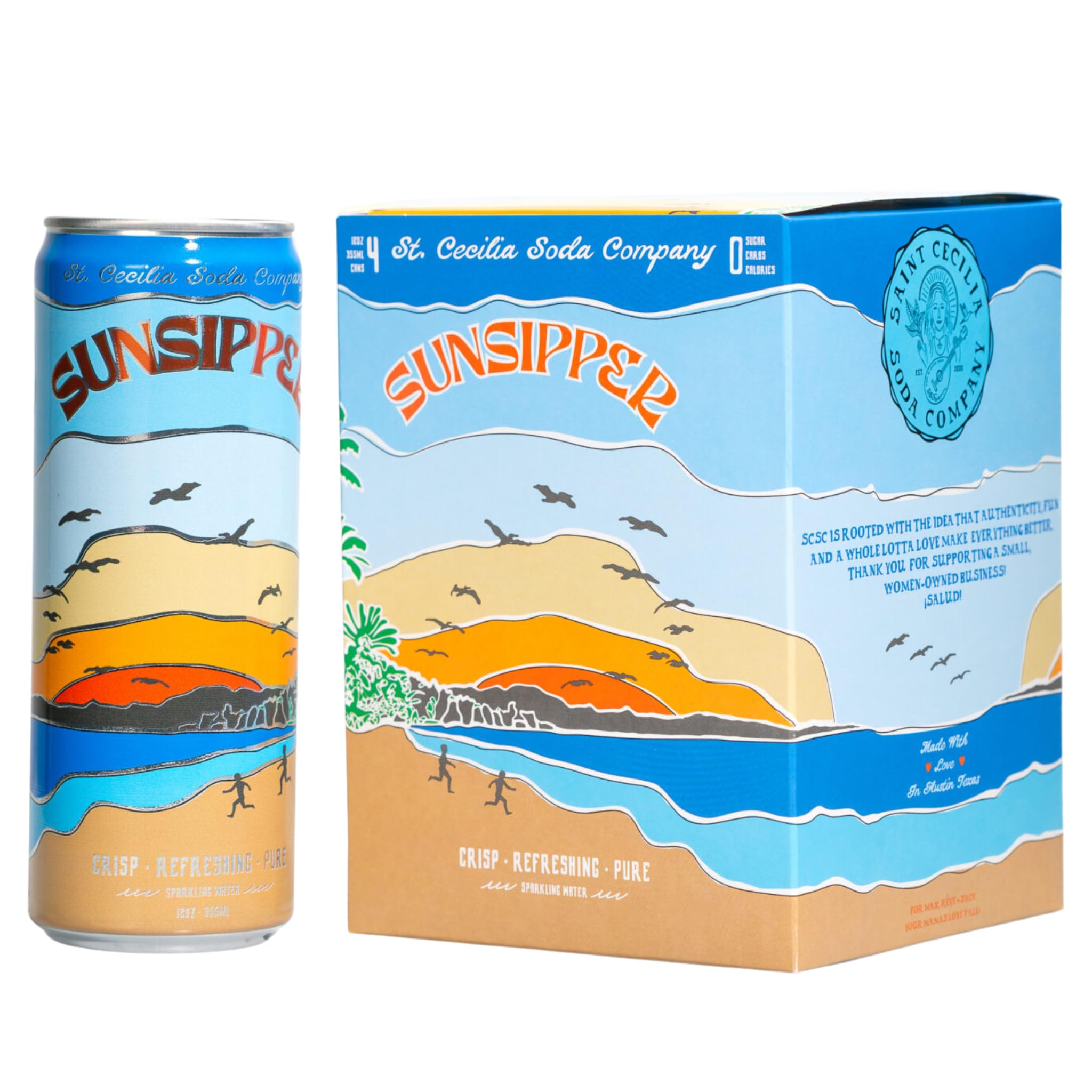 Saint Cecilia Soda Company Sparkling Mineral Water, Sunsipper Crisp - 12 oz (4pk), Crisp, Refreshing, Pure, Zero Sugars, No Carbs