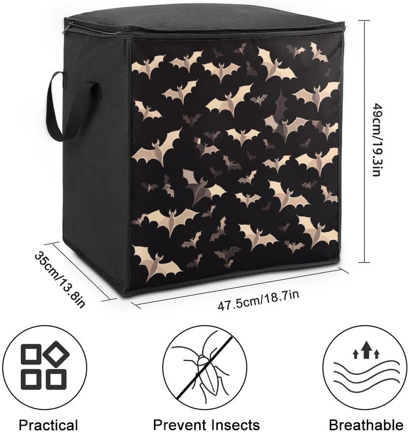Halloween Flying Bats Storage Bag with Zippers And Handle Extra Large Bedding Comforter Storage Bag Foldable Blanket Storage Bags Fabric Moving Bags for Closet Organizer (70L)