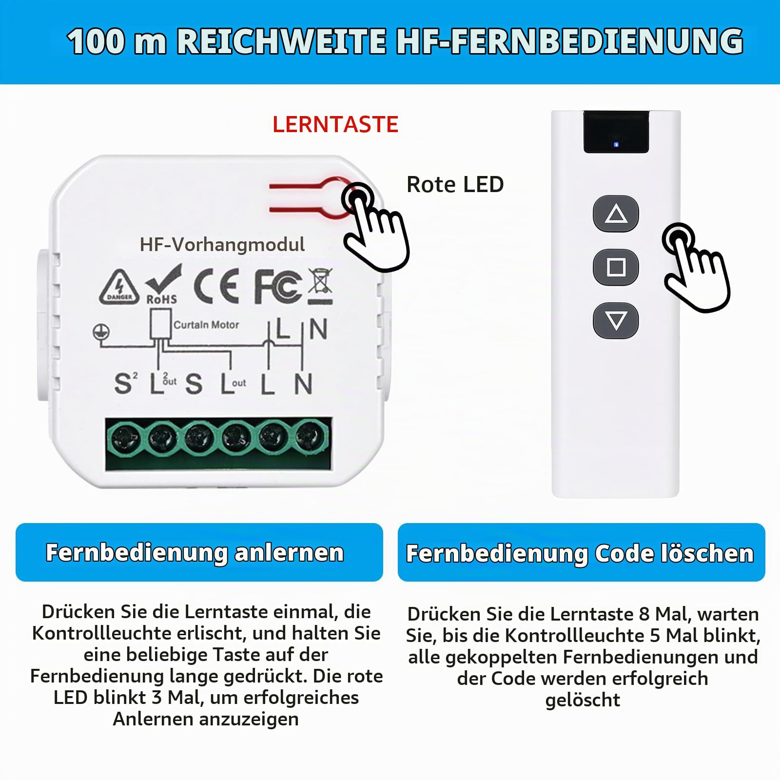 Funk Rolladensteuerung Nachrüstset, Rolladenmotor Steuerung, Funk Schalter für Rolladen, Jalousien und Markisen, Bestehend aus RF Fernbedienung +