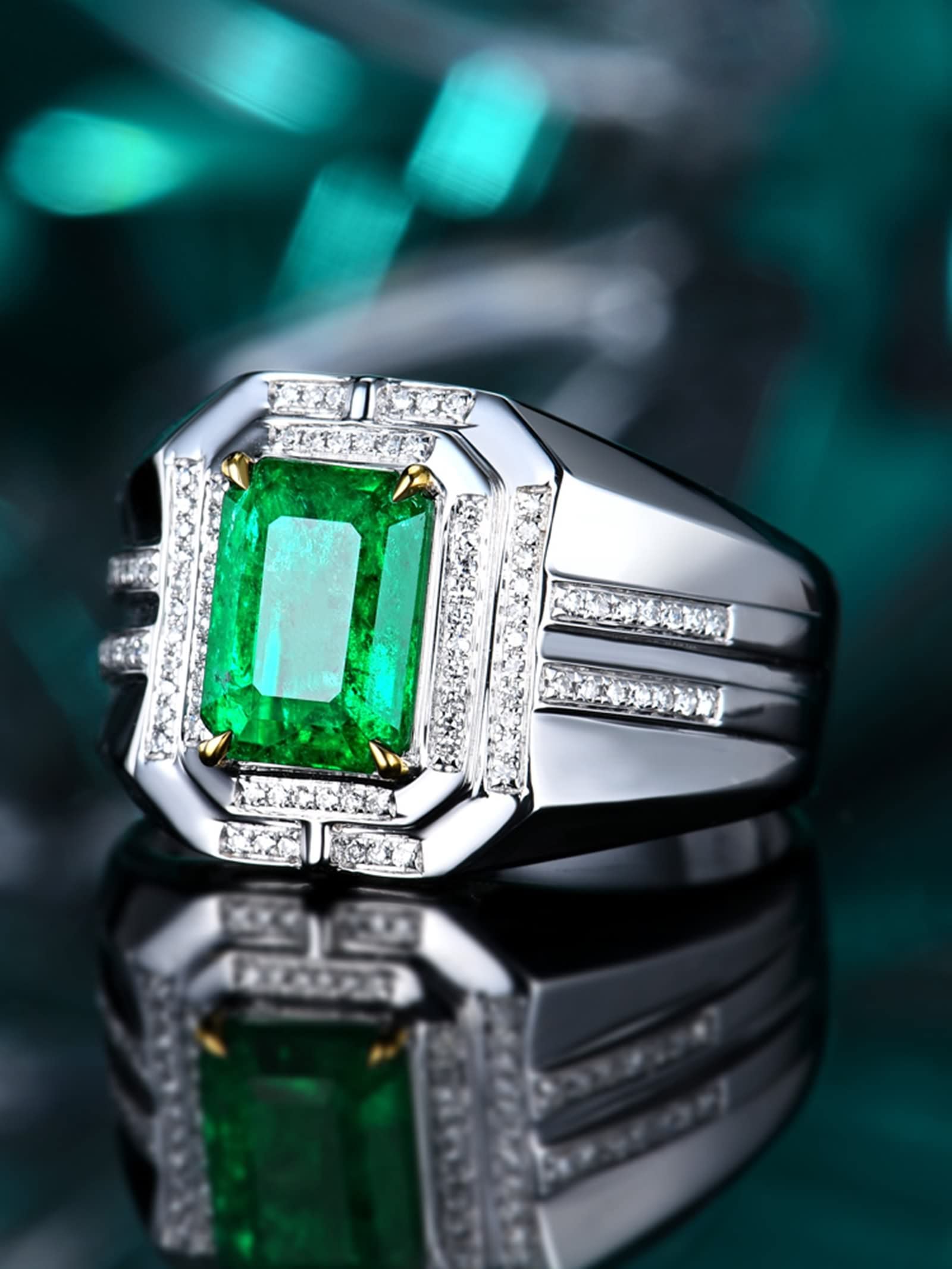 AMDXD Anillo para hombre de oro 750 plata de ley 925, laboratorio rectangular, esmeralda de 1,5 quilates con moissanite de 0,22 quilates, anillo solitario, anillo de compromiso, joya auténtica,