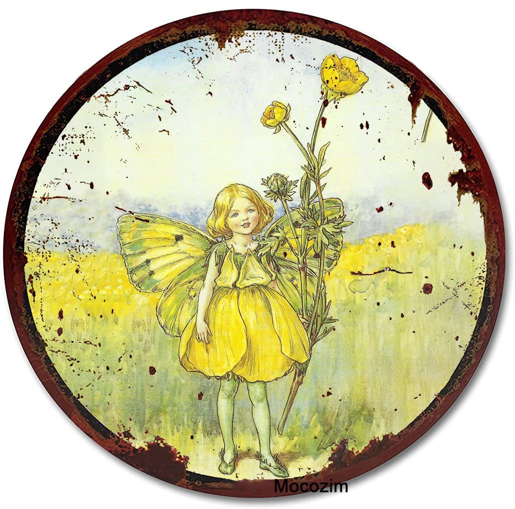 Mocozim Rustic Retro Round Metal Tin Sign Buttercup Fairy By Cicely Mary Barker Flower Fairies Vintage Wall Art Nursery Decor Fairy Print Home Decor Novelty Bedroom Courtyard Decoration Sign 12X12 Inch