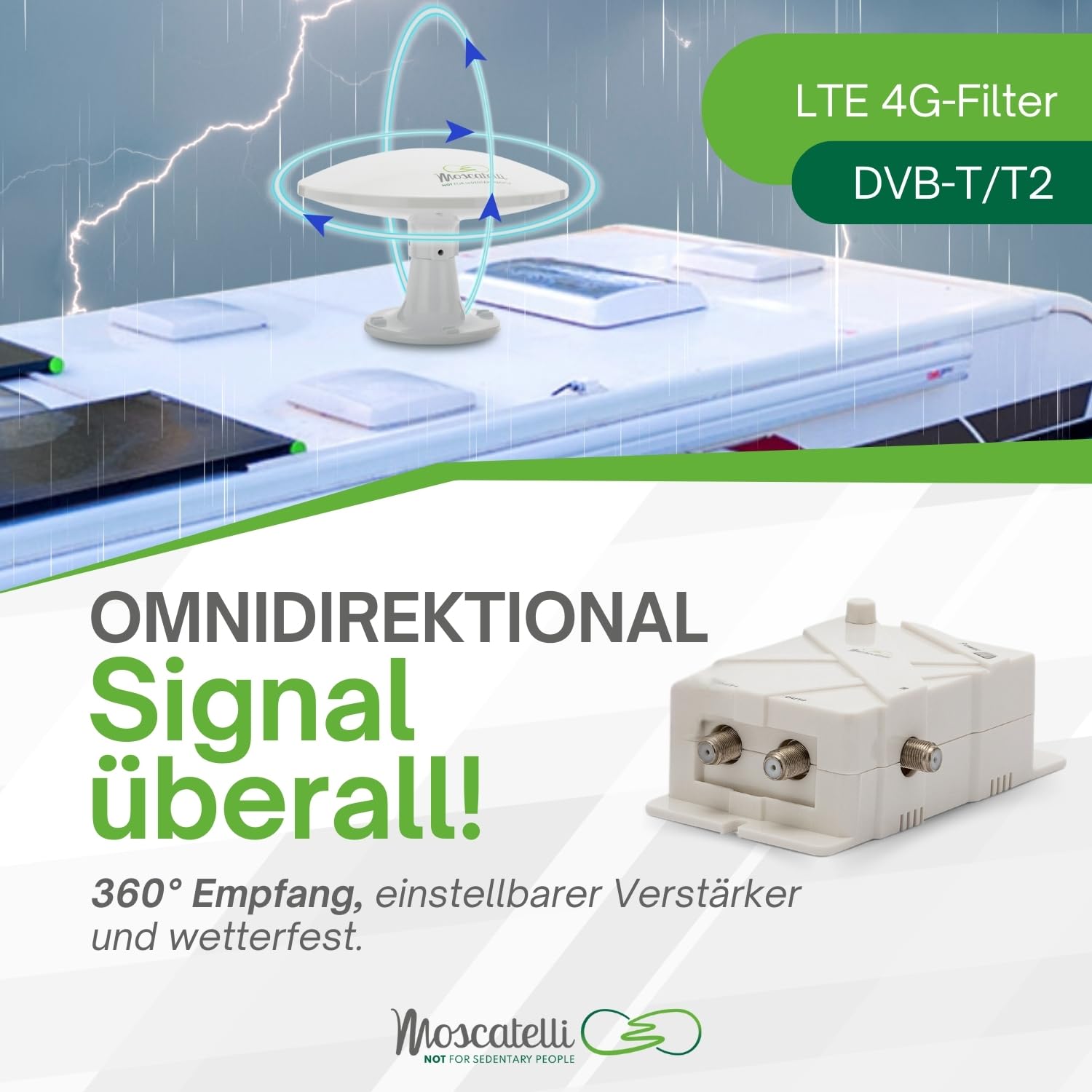 MOSCATELLI Omnidirektionale terrestrische DVB DVBT2 Outdoor Camping Antenne für Wohnmobile und Wohnwagen - 12/24/220V - Kit mit Kabeln, Verstärker und LTE Filter. Wasserdicht, UV-Schutz
