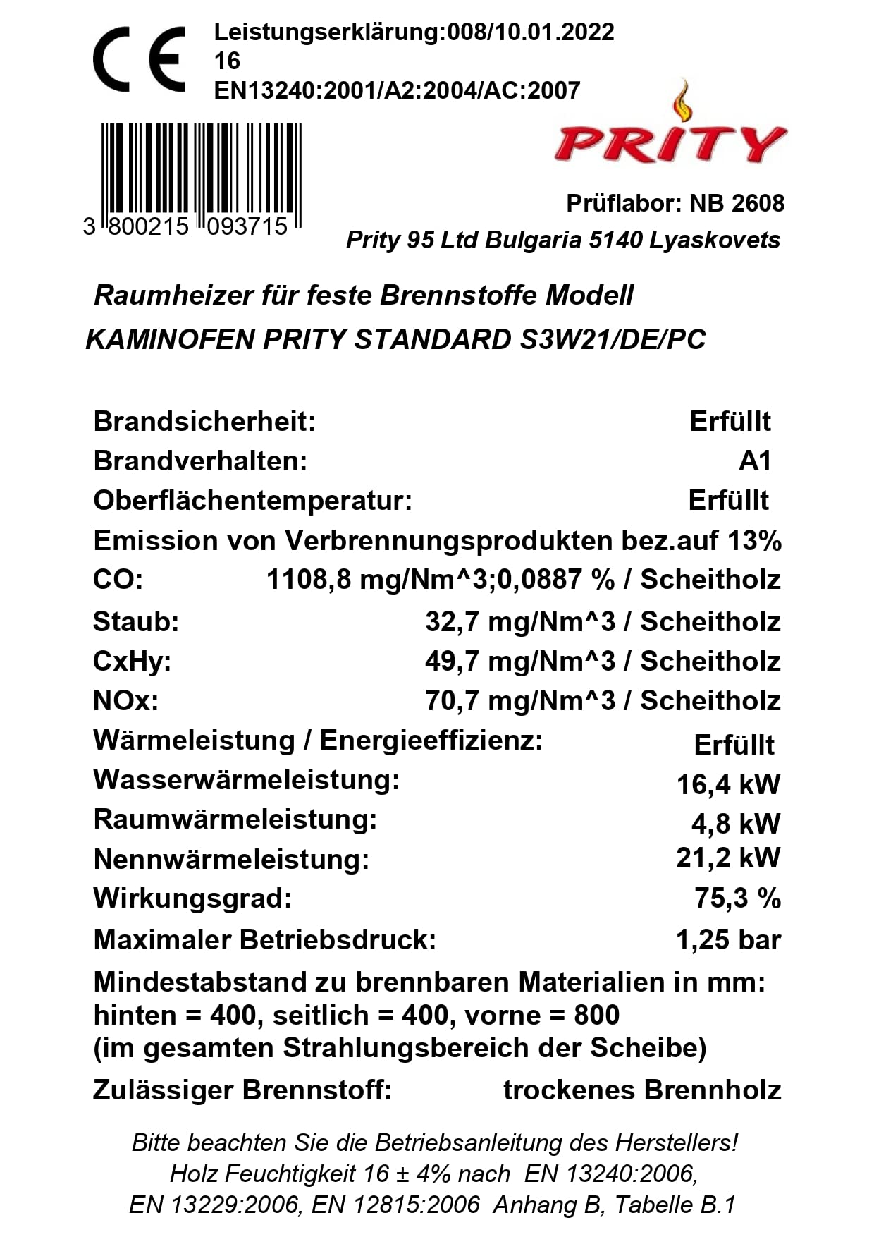 Prity S3 W21 Holzofen für Zentralheizung, Festbrennstoffofen, 5,0 kg, Beige/Schwarz