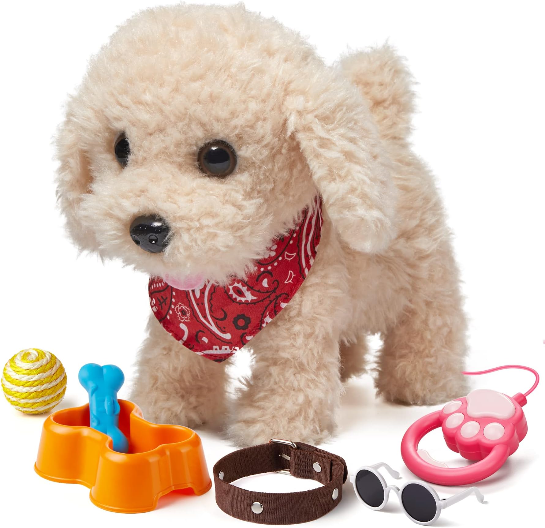 TUMAMA Interactive Plush Dog Toy, Remote Control Electronic Pets, Soft Cuddly Dog, Walks, Barks, Shake Tail, Sunglasses, Scarf, Collar, Bowl, Bone, Ages 2+