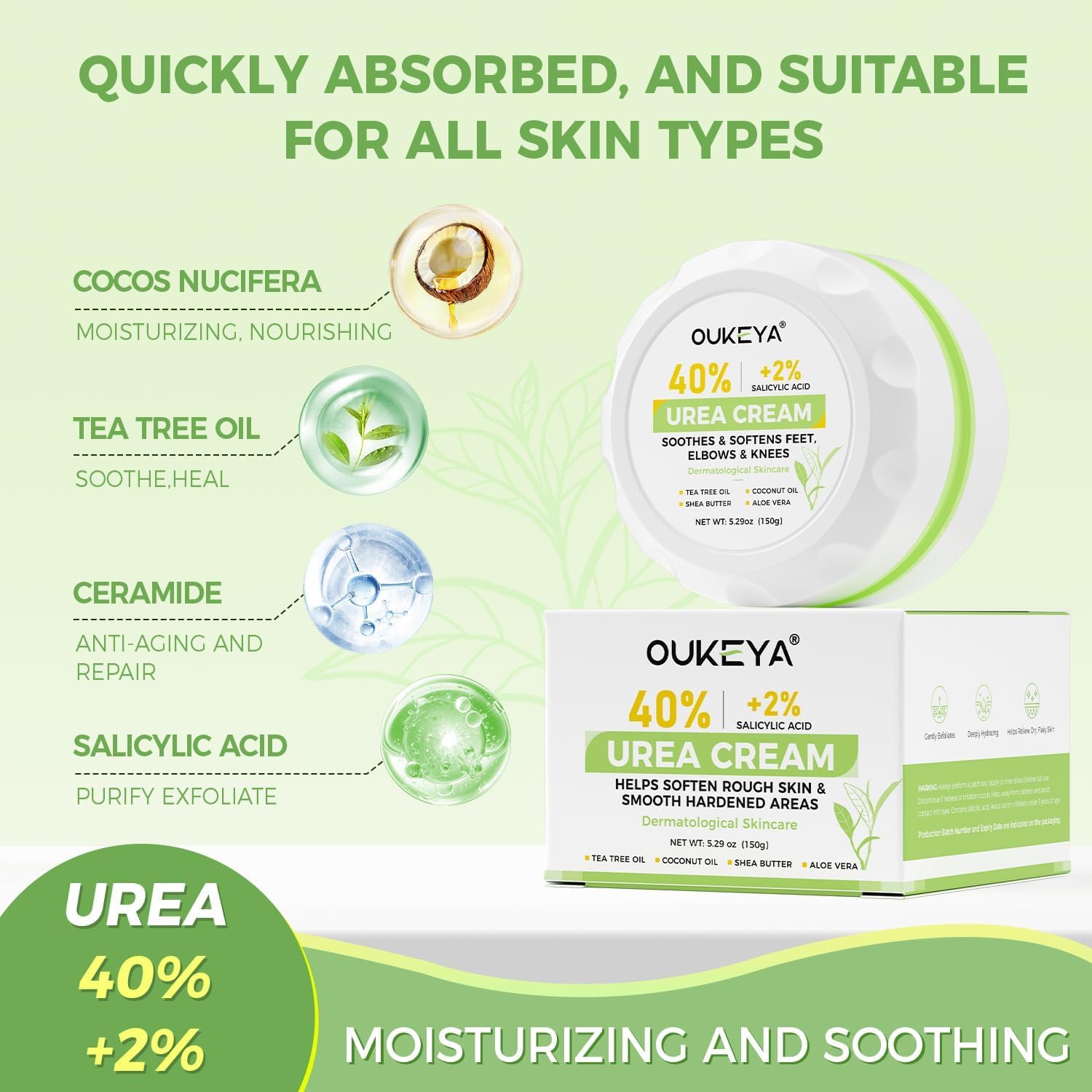 OUKEYA 40 Percent Urea Foot Cream,with Salicylic Acid,Tea Tree Oi & Ceramides,Cracked Heel Smooth | Dry Skin Exfoliator | Nourishes | For Foot,Hands, Elbows, Knees 5.29 Oz
