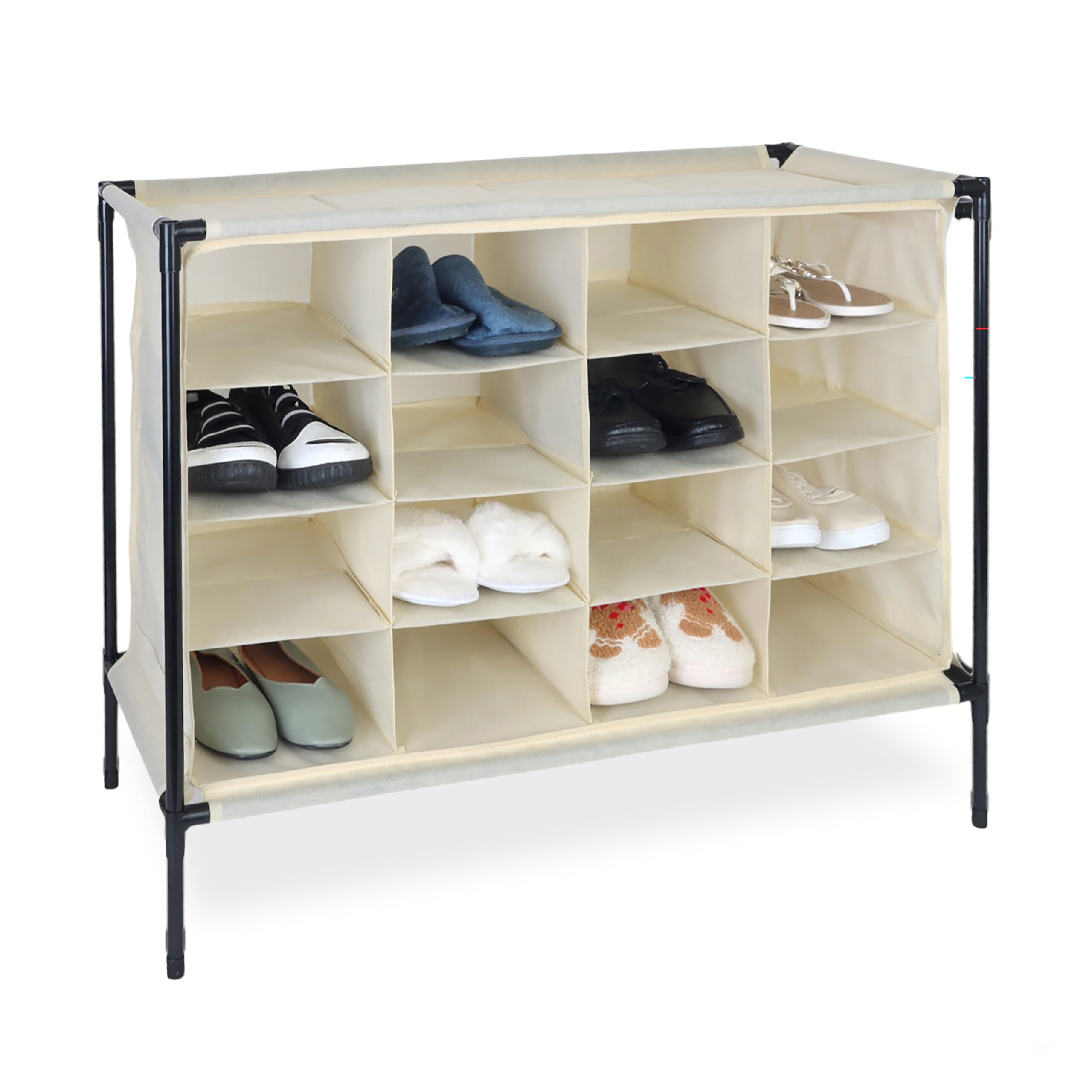 Relaxdays Camping Shoe Rack, 16 Compartments, Stackable, Easy to Assemble, Footwear Cabinet, HWD: 65 x 84 x 36 cm, Beige
