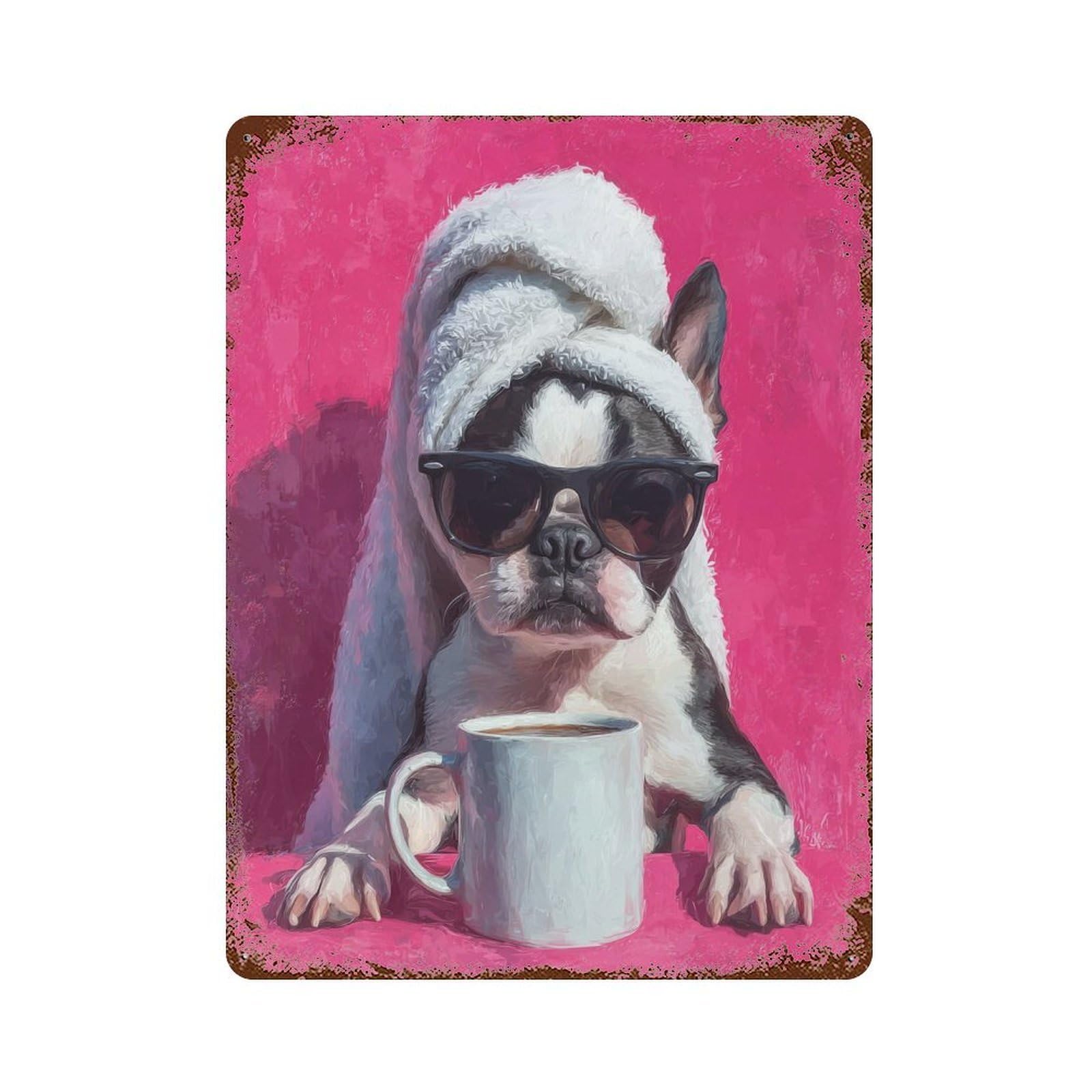 Chill Pup with Coffee Mug Decorative Tin Sign 15.7"x11.8", Retro Wall Decor for Living Room, Hallway And Home Decor