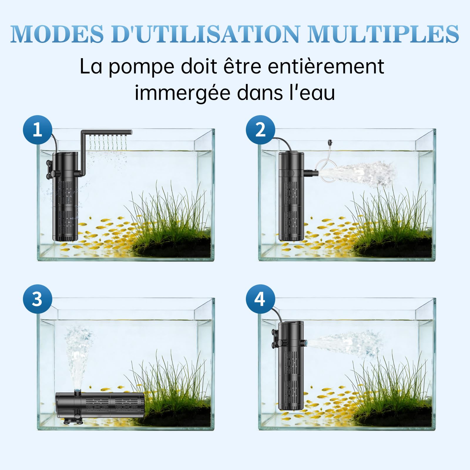 Filtre Aquarium, 800L/H Filtre Intérieur Aquarium Débit Réglable pour 30L-200L Aquarium d'eau Douce ou d'eau Salée 12W