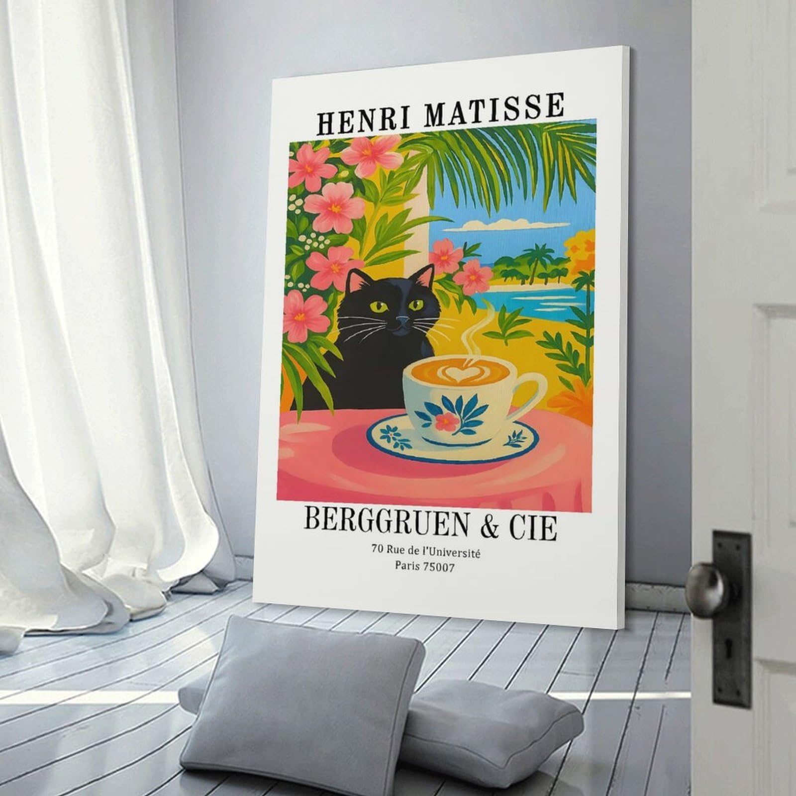 Junmoney Henri Matisse Inspired Cat And Coffee Home Decor Wall Art 24x36inch(60x90cm), for Restful Interiors, Bedrooms Or Small Rooms, Decorative Wall Art for Cosy Rooms