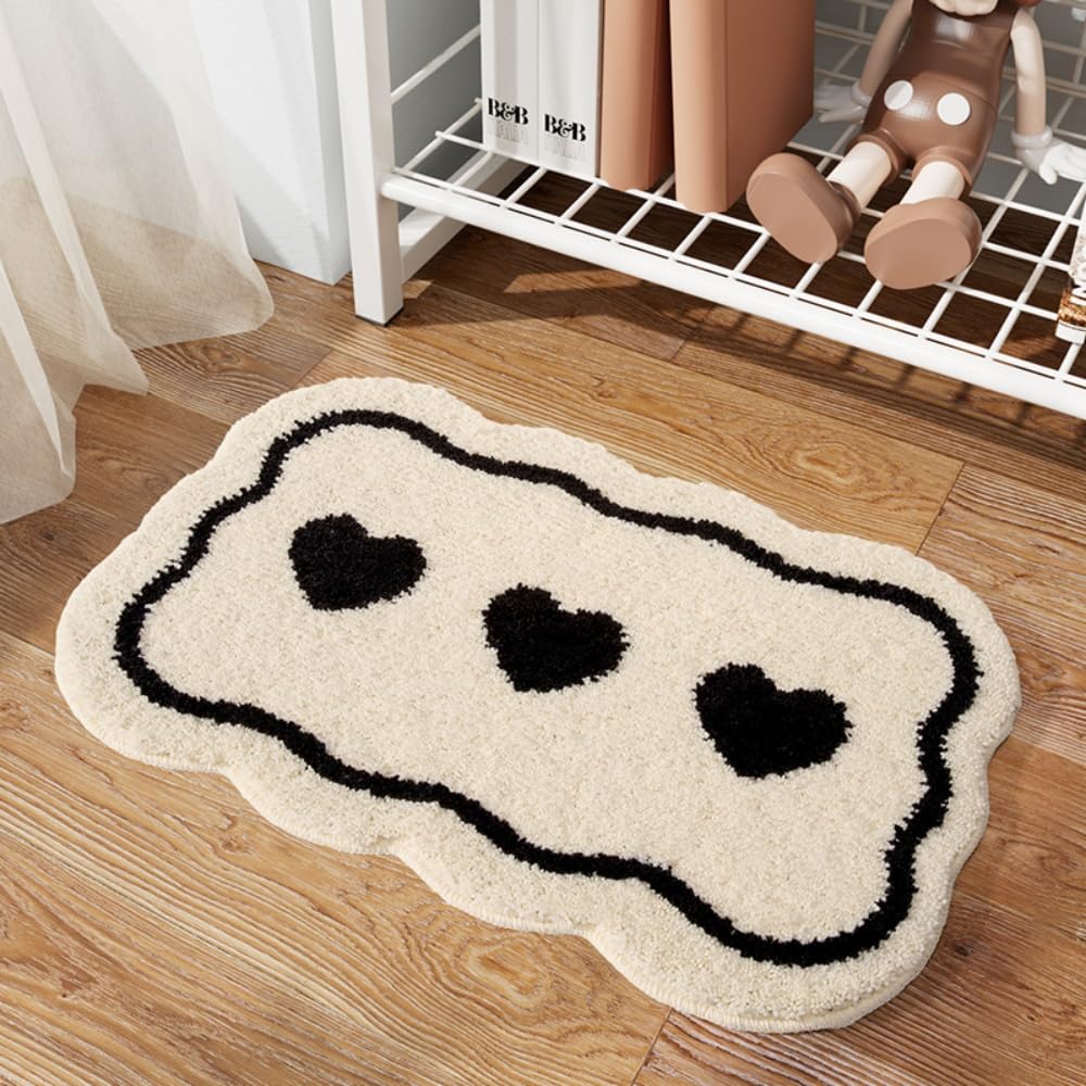 Alfombra de baño en forma de corazón en blanco y negro, alfombra para puerta y dormitorio, antideslizante, absorbente, lavable a máquina