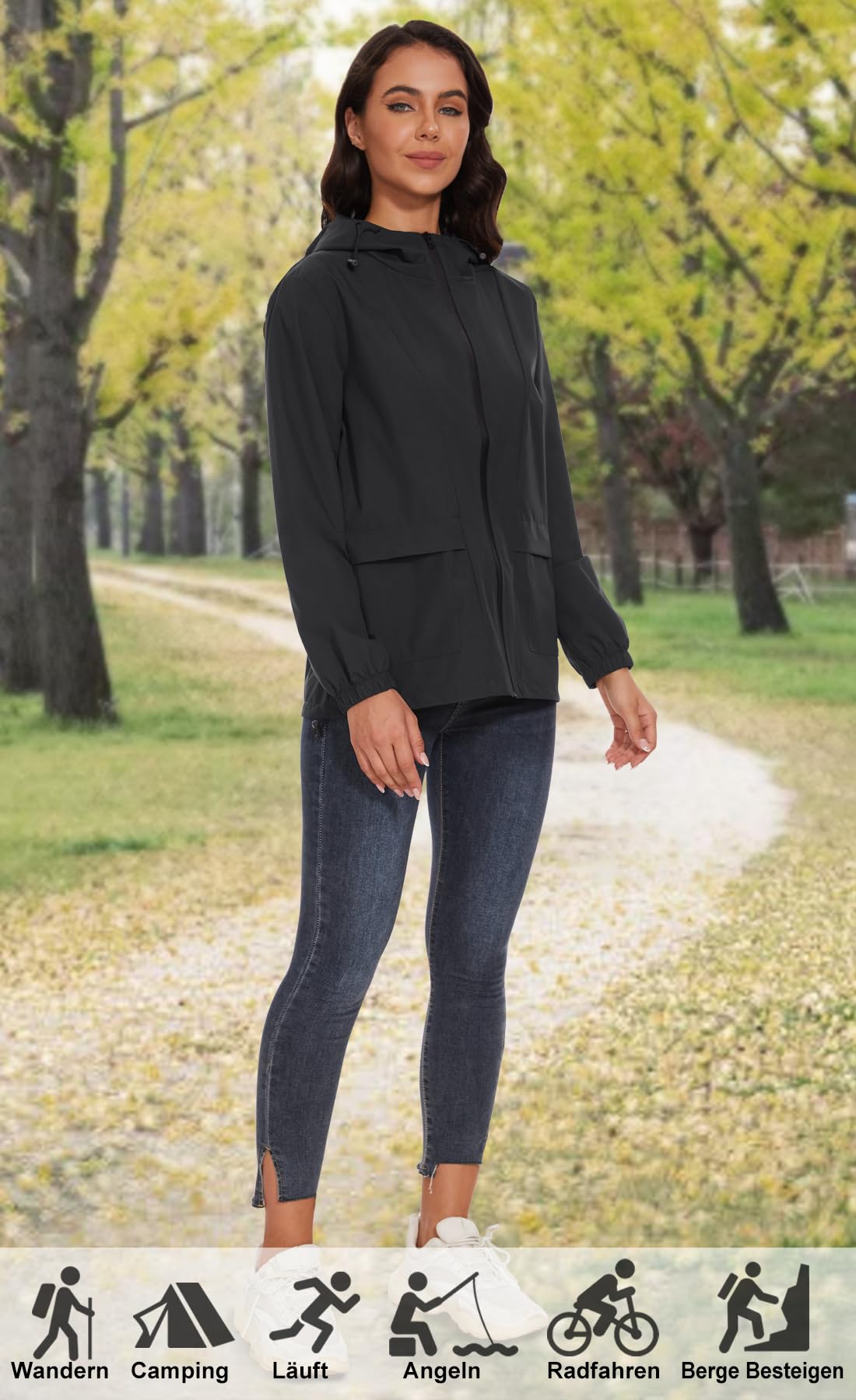 Damen Wasserdichte Faltbar Regenjacke mit Kapuze Reflektierende Fahrradjacke für die Nacht Leicht Wasserdicht Windbreaker Jacke