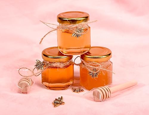 Vista 9 de Pote de miel, tarros de miel de vidrio, pequeños frascos de miel con cubos de madera, abalorios de abeja, bolsas de regalo doradas y tapas de yutes