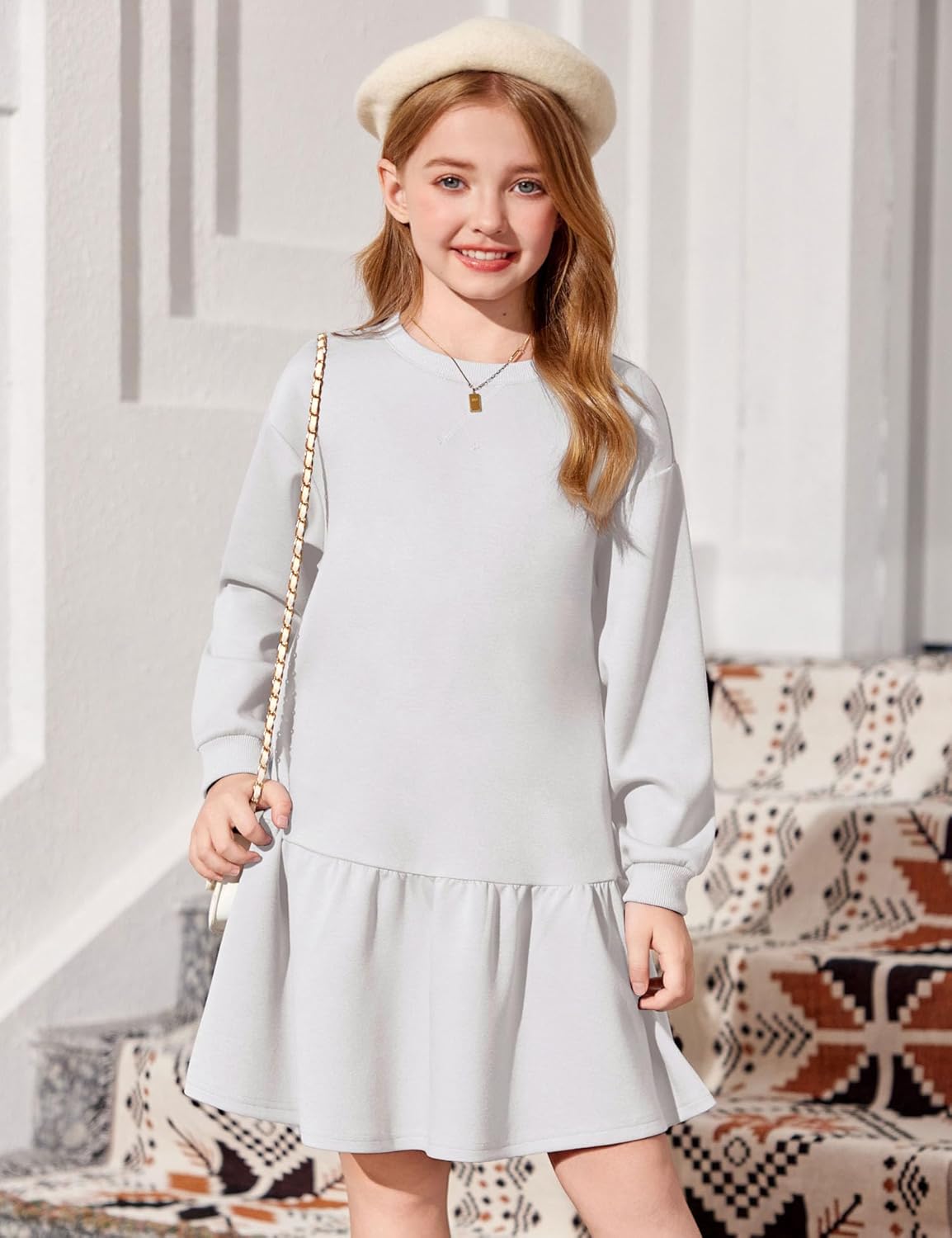 Arshiner Girls Dresses Long Sleeve Pullover Tops Drop Shoulder Sweatshirt Casual Dress with Pockets - Image 5