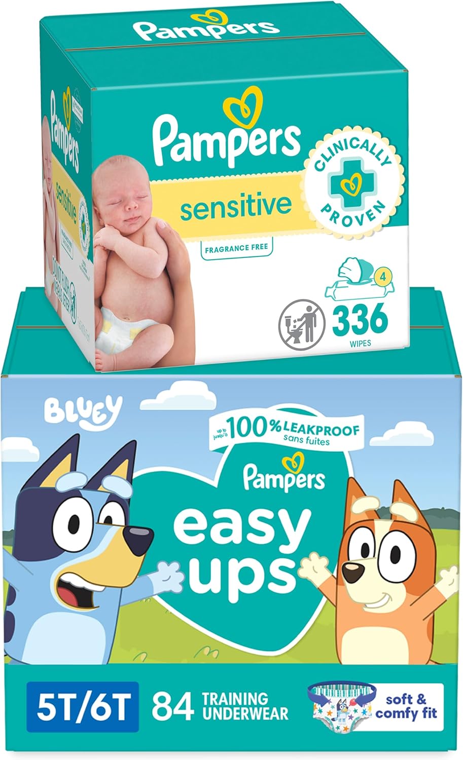 Pampers Easy Ups and Baby Wipes - Pull On Disposable Potty Training Underwear for Boys and Girls, Size 7 (5T-6T), 84 Count, ONE MONTH SUPPLY with Sensitive Wipes, 6X Pop-Top Packs, 336 Count