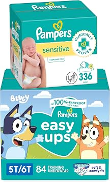 Pampers Easy Ups and Baby Wipes - Pull On Disposable Potty Training Underwear for Boys and Girls, Size 7 5T-6T, 84 Count, ONE MONTH SUPPLY with Sensitive Wipes, 6X Pop-Top Packs, 336 Count