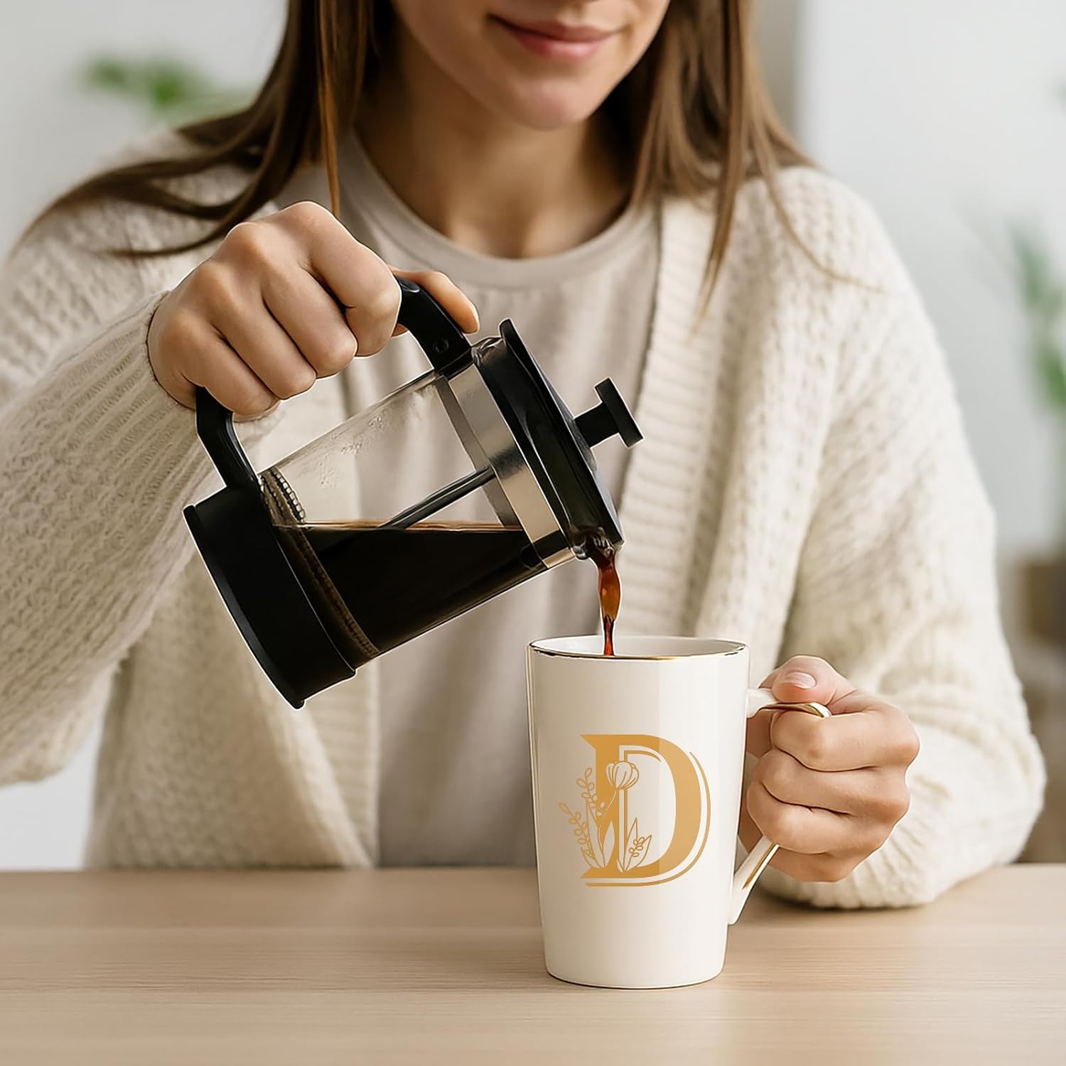Letter D Personalized Initial Mugs with Flower, Letter D Personalized Coffee Mug, Customized Cool Letters Mugs for Women, Bridal Shower Gifts, Women's Initials Gifts Mug 14 OZ Matte White - Image 2