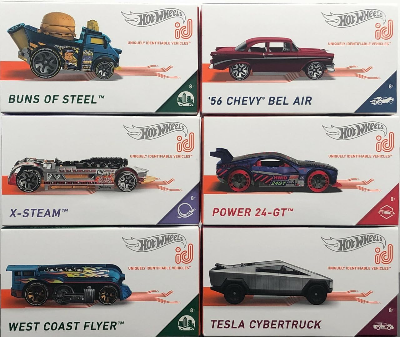 Hot Wheels id Cars Complete Bundle of 6 Diecast Vehicles from HDH85-979B Release with Tesla Cybertruck, '56 Chevy Bel Air and More