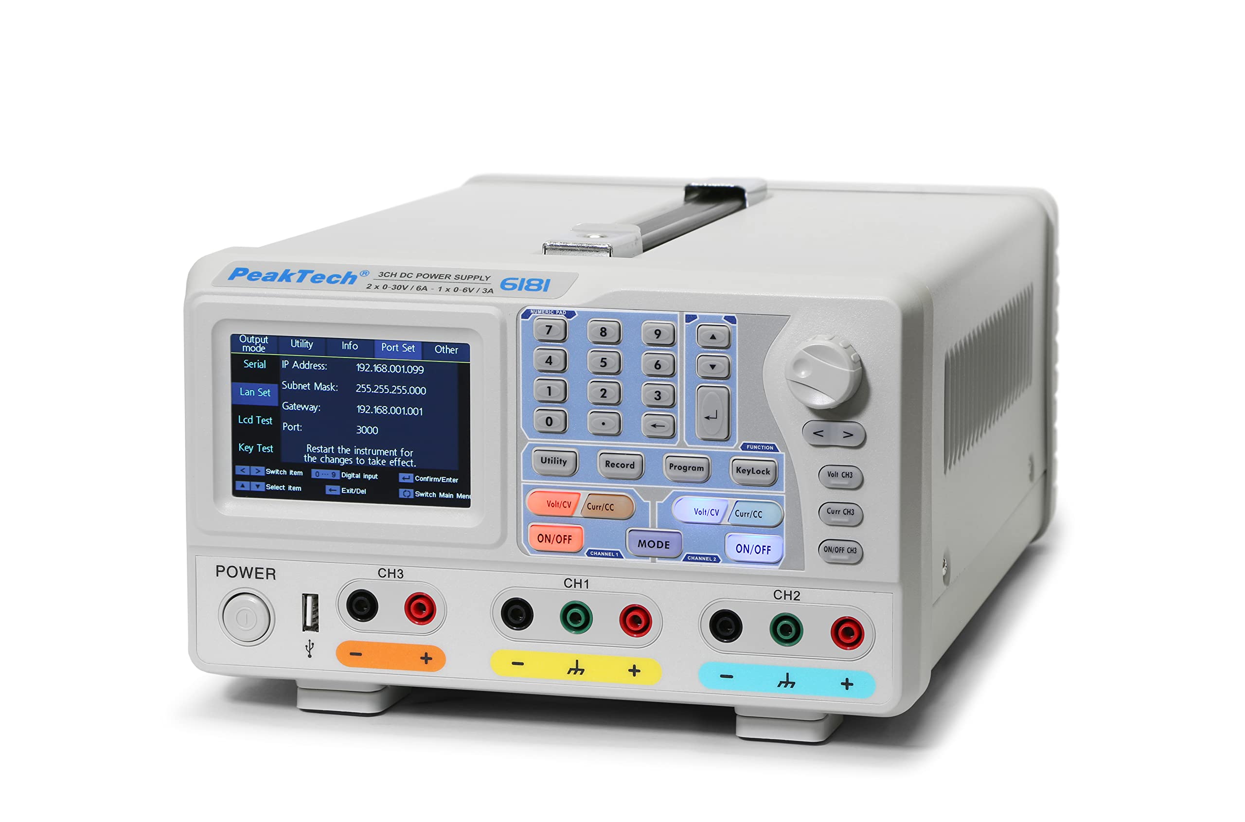 PeakTech P 6181 Alimentatore da banco a 2 canali, 0-30 V, 0-6 A, con display a colori TFT, risoluzione 1 mA e 1 mV, logger dati, rete LAN, USB, RS-232, seriale, parallelo, 15 W, 240 V