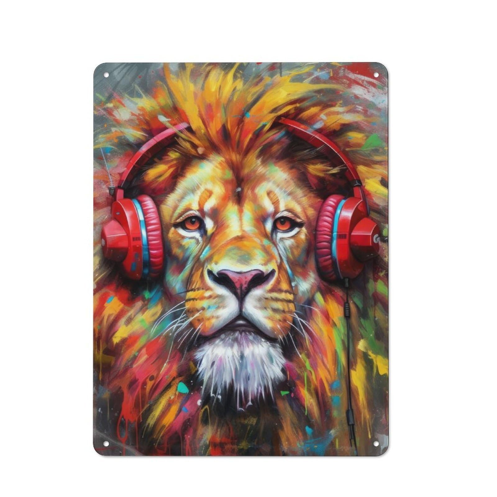 Junmoney Lion With Headphones Metal Plaque 40X30cm With For Garage Wall, Retro Decor, For Garage Decor Collectors Refreshing A Room In Autumn