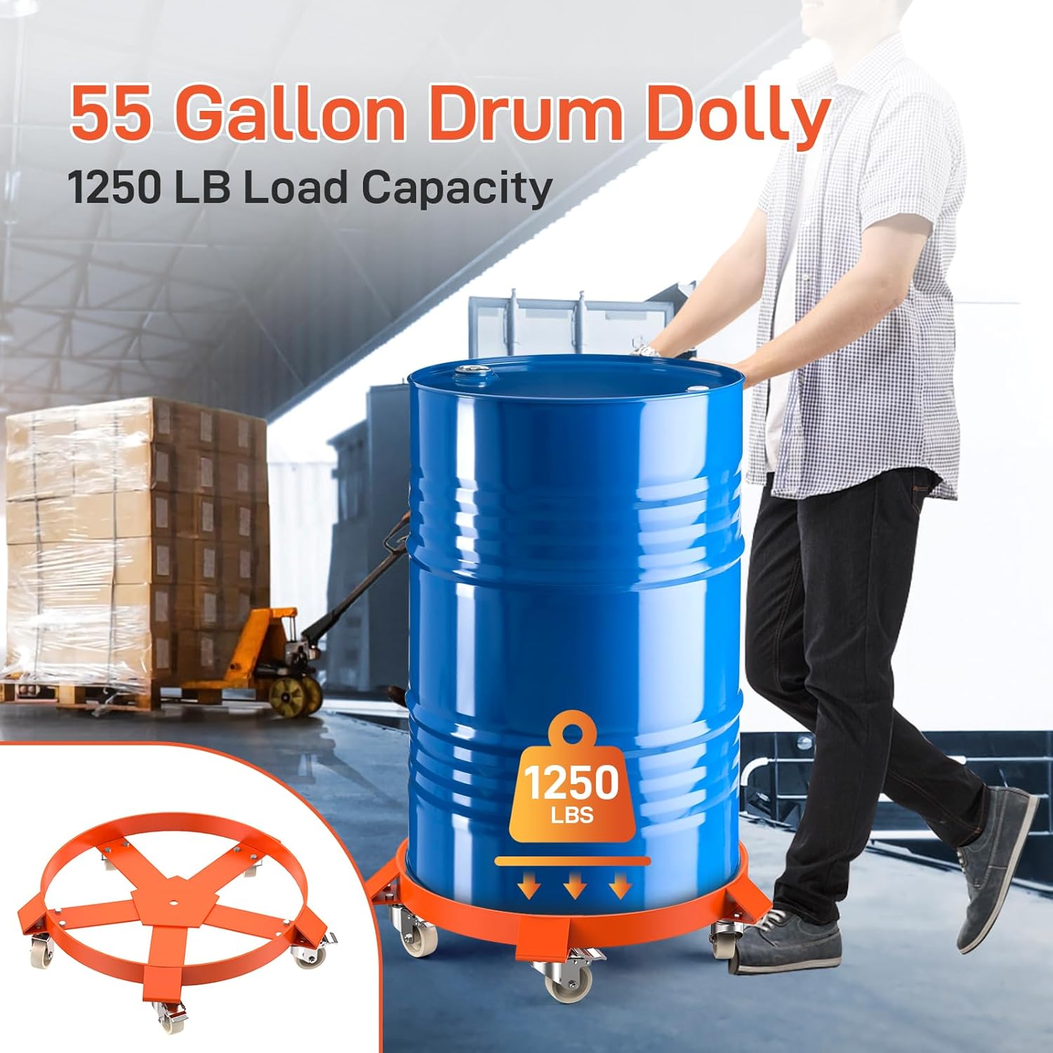 55 Gallon Drum Dolly, 1,250 Pound Capacity Barrel Dolly with Steel Frame 5 Swivel Casters Wheel, Barrel Cart with Brake for Warehouse Drum Handling, 1 Pack