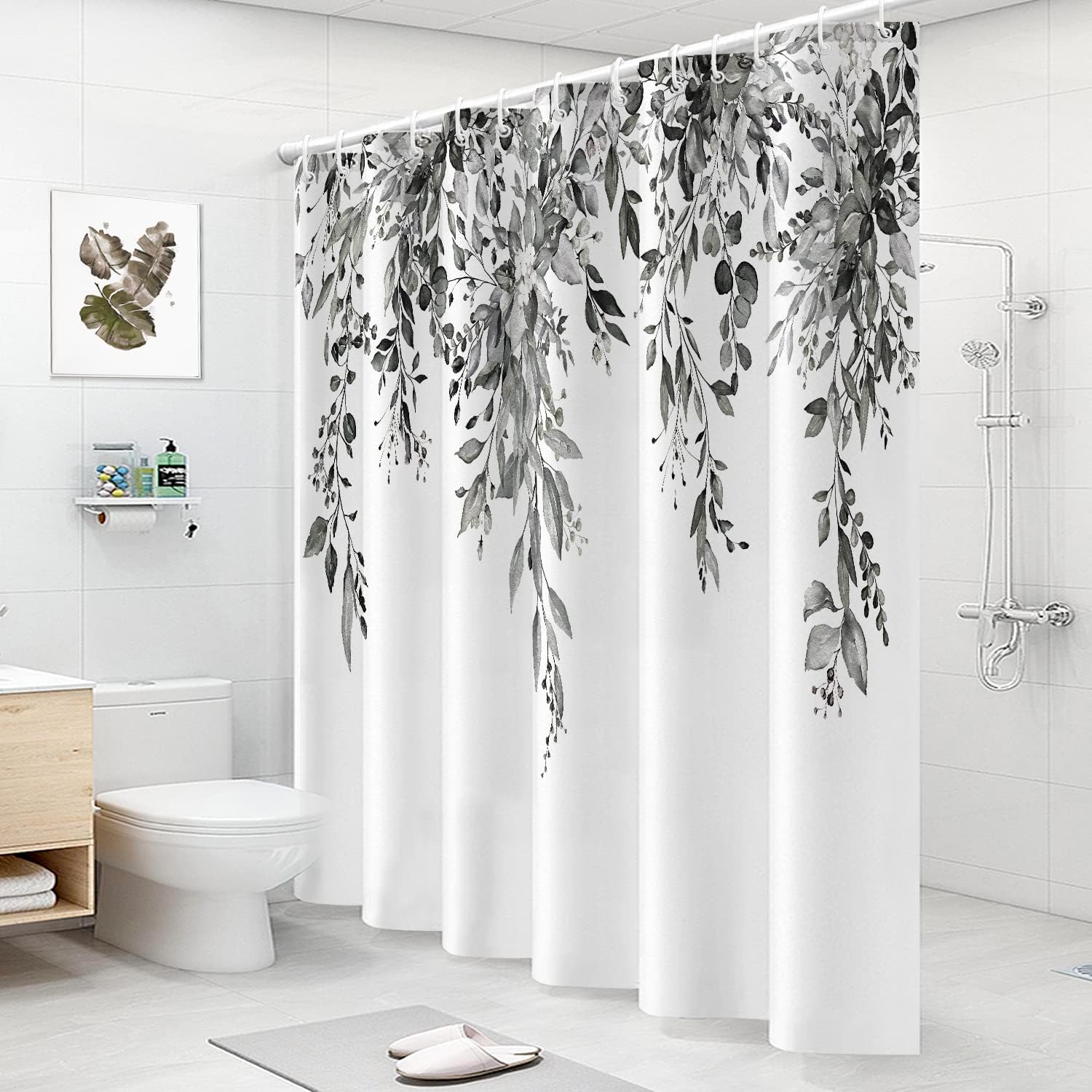 Extra Long Black and White Eucalyptus Leaves Shower Curtains 72x84 Inch,Waterproof Fabric Stylish Botanical Bathroom Gray Sage Shower Curtain with 12 Hooks