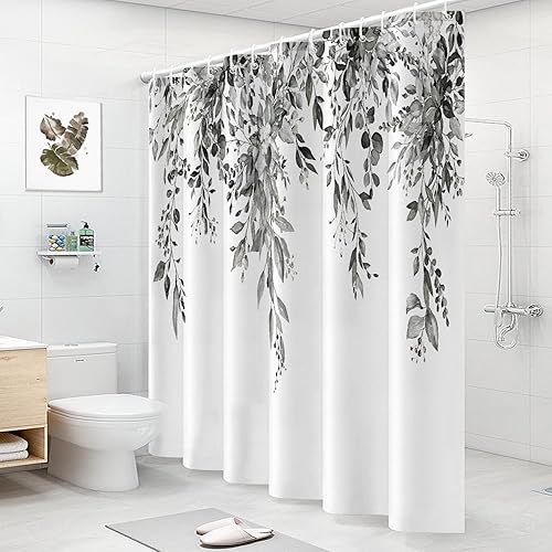 Miniatura 8 de Nuseiis Cortinas de ducha extralargas de hojas de eucalipto en blanco y negro, 72 x 84 pulgadas, juego de cortinas de ducha de tela de salvia alta,