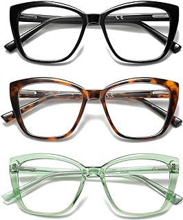 PUBOWT Oversized Reading Glasses For Women Cat Eye Blue Light Blocking Computer Reader Stylish Ladies Designer Unbreakable Large Fashion Eyeglasses 3pack Black Leopard Green PT2001A 1.0+ Strength