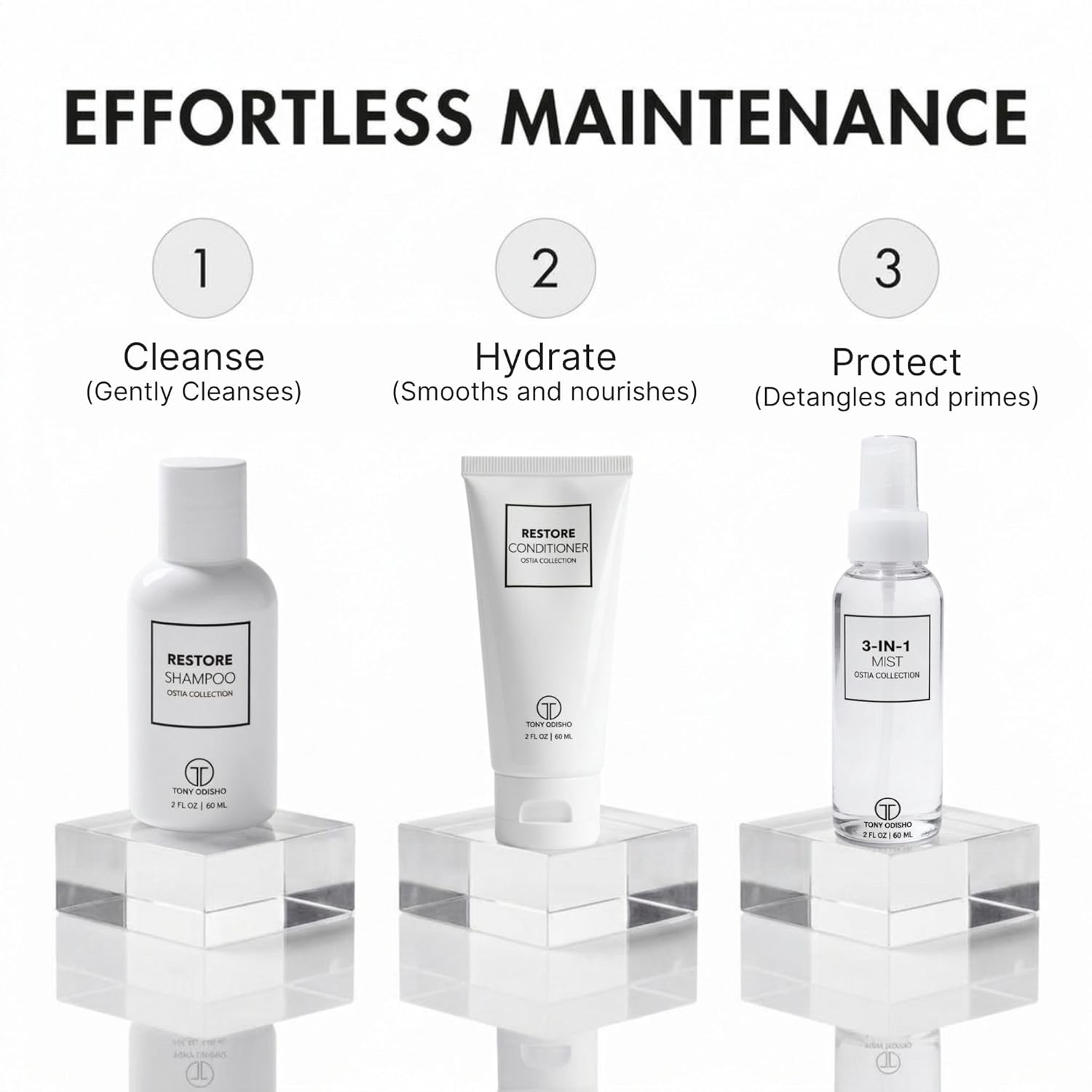 Restore Mini Maintenance Kit - Travel Size Hair Care Set for All Hair Types & Extension Maintenance with Shampoo, Conditioner & 3-in-1 Mist Spray, Paddle Brush & Cosmetic Bag
