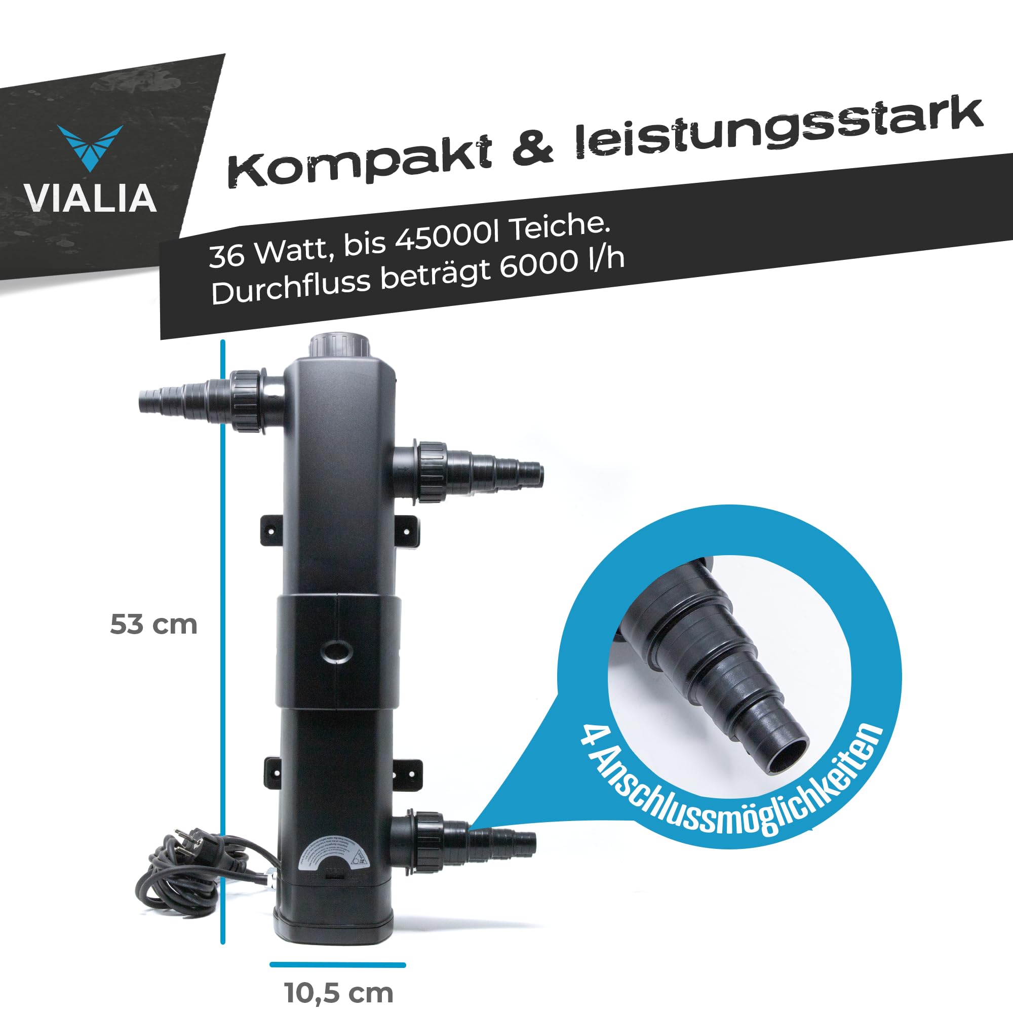 UVC Teichklärer CUV-236 36 Watt Lichtfilter Algenbekämpfung 6000 l/h Durchfluss Vorklärgerät Teichpumpe