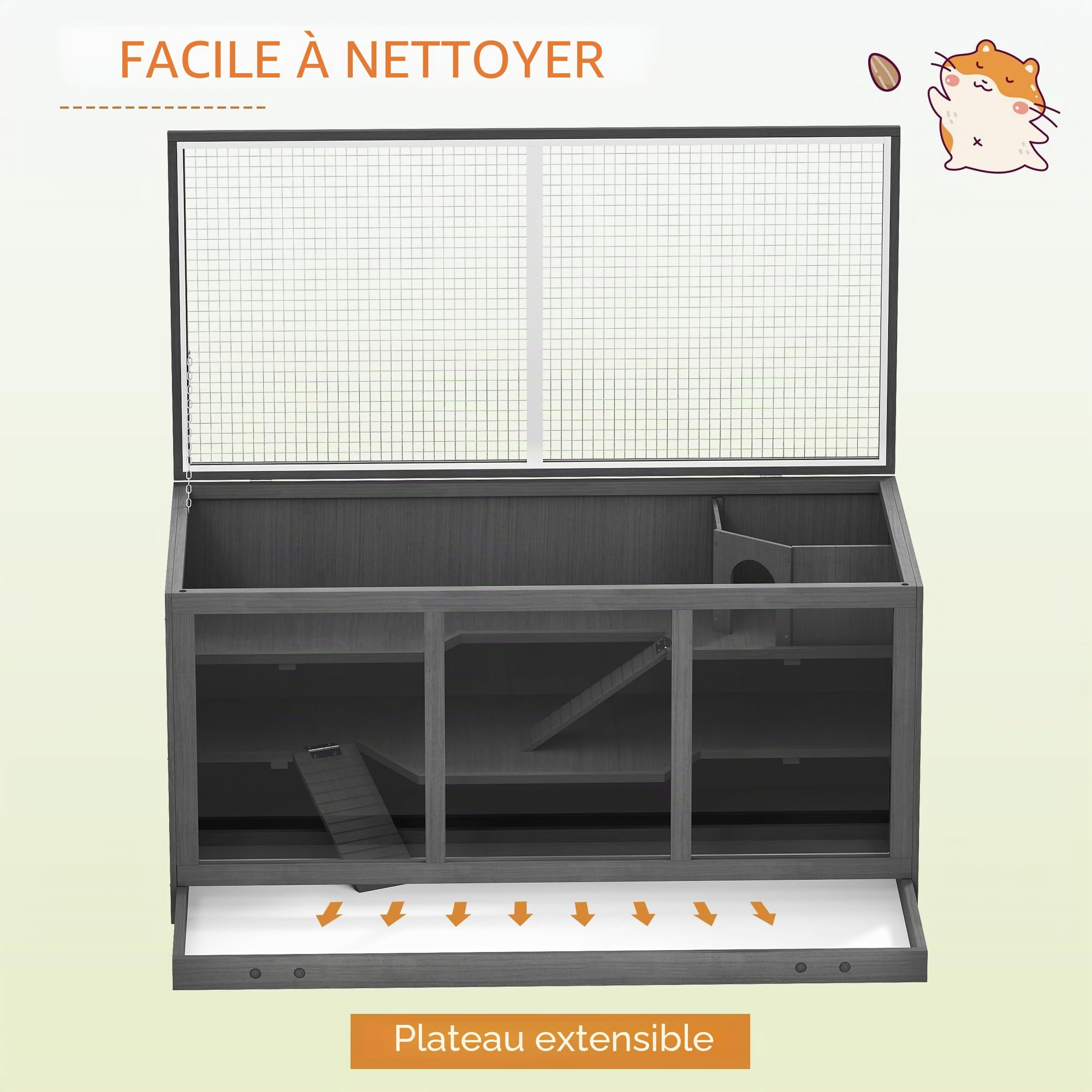 PawHut Cage à Hamster en Bois, Dessus ouvrant, pour Nain Naturel | Habitat pour petits animaux avec plateau, cage à gerbille