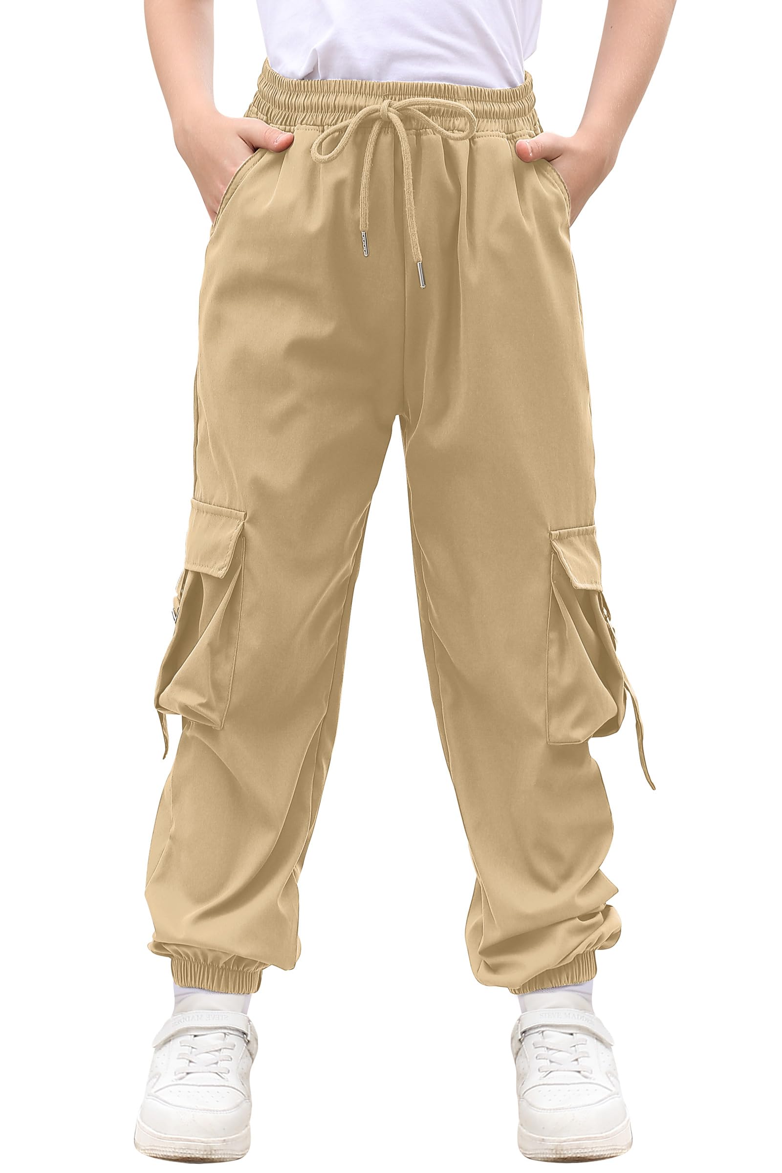 RAISEVERN Boys Cargo Joggers Pants Elastic Waist Casual Jogging Trousers with 6 Pockets 7-14 Years