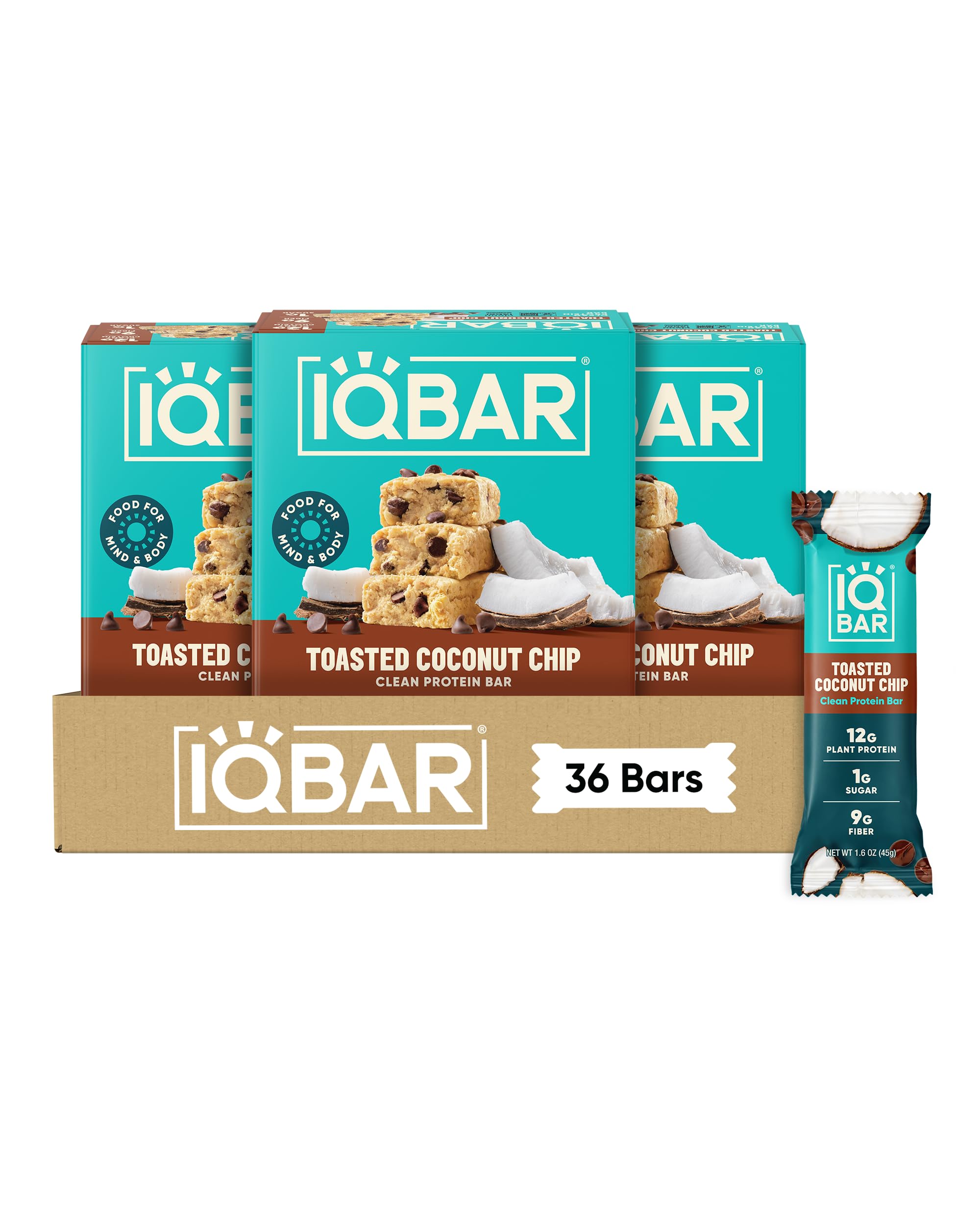 IQBAR Clean High Protein Bars, Low Sugar Snack, Toasted Coconut 36ct