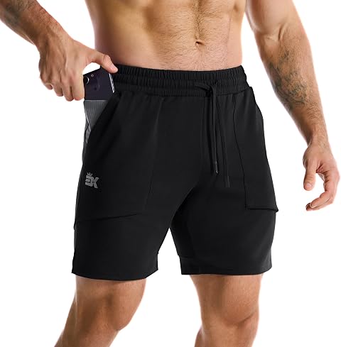 BROKIG Trainingshose Herren Kurz Baumwolle Gym Sport Shorts | Sporthose Herren Kurz mit Patchtasche, Fitness Laufhose Herren Kurz, Kurze Sporthose mit Reißverschluss