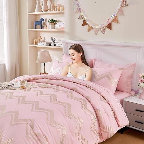 Miniatura 4 de Wowelife Juego de edredón rosa para cama de tamaño Queen, 7 piezas con purpurina plateada, juego de ropa de cama tamaño Queen, juego de edredón para