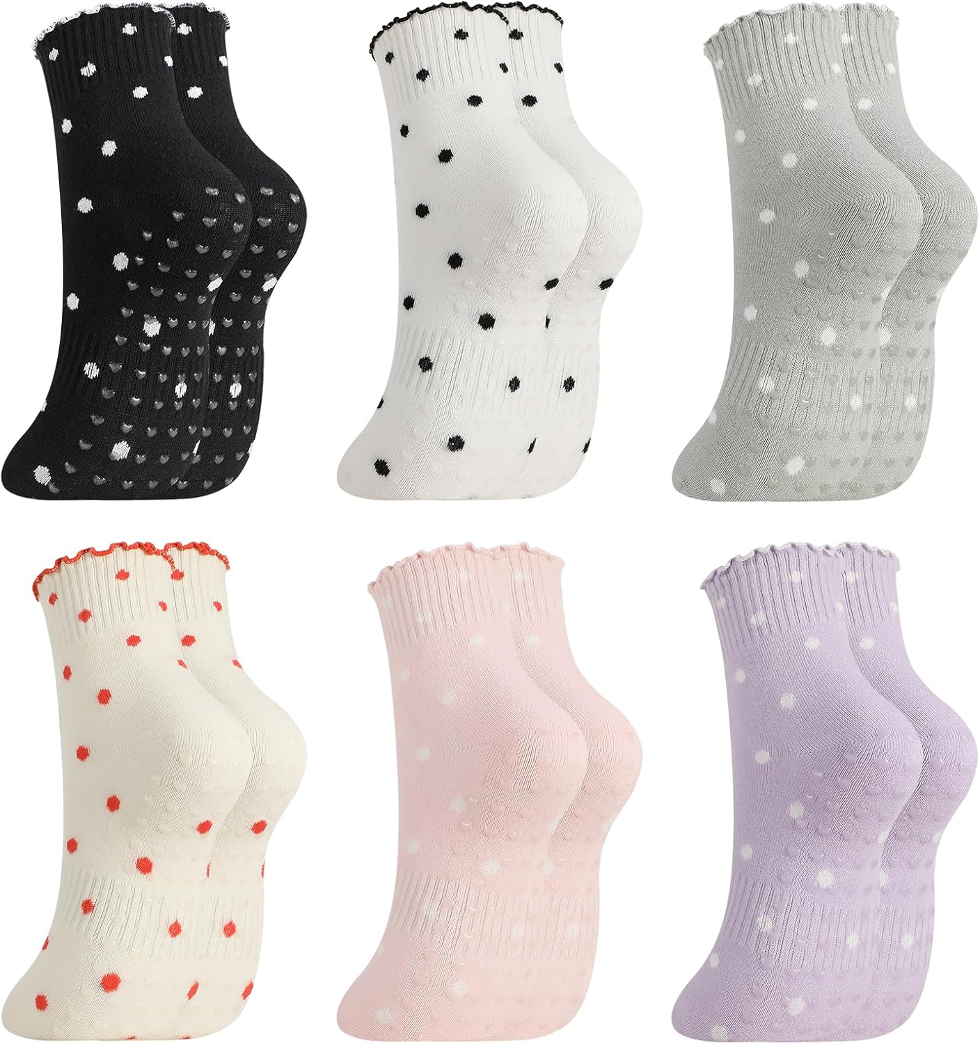 6 Pairs Cute Polka Dot Bow Yoga Socks with Ruffle Edge Non Slip Breathable for Yoga Pilates Ballet Dance