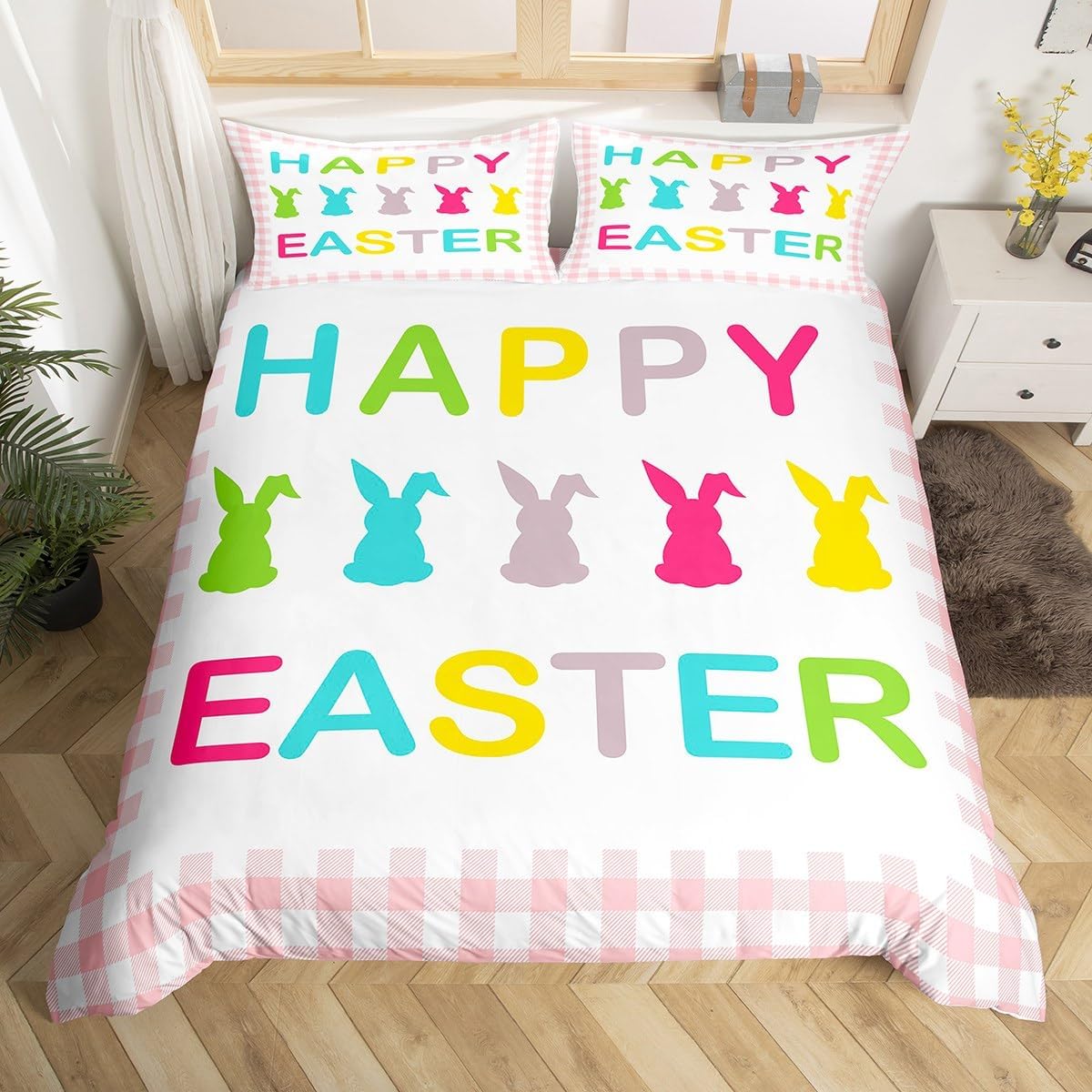 Manfei Happy Easter Duvet Cover Set Toddler Size, Colorful Eggs Print Bedding Set 2pcs, Grey Wooden Comforter Cover, Kids Boys Girls Room Decor, Soft Polyester Quilt Cover, 1 Pillowcase, No Comforter