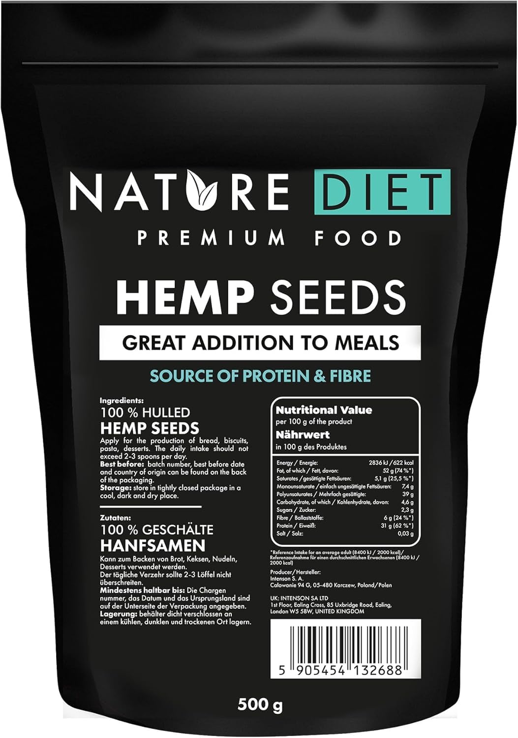 Nature Diet Semillas de Cáñamo 1000g | Peladas | Sin Gluten & Veganas | Ricas en Proteínas y Fibra | Fuente de Omega 3 & 6 | Superalimento para una Nutrición Diaria — view 8