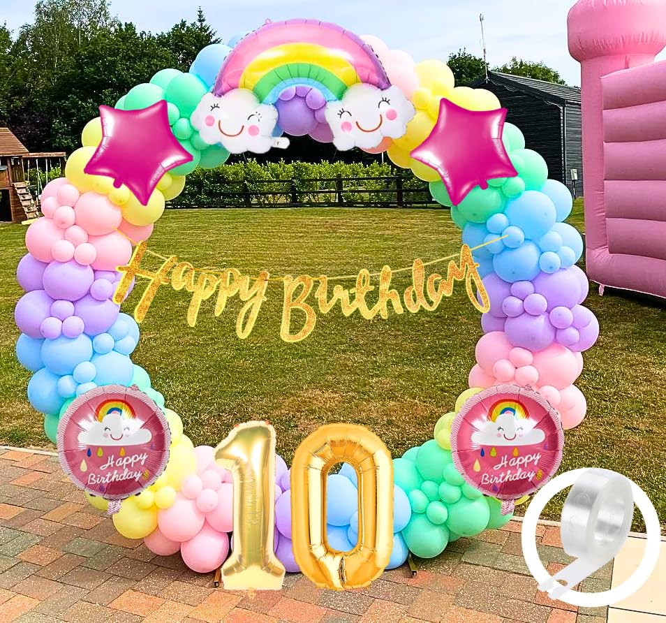 Paper, Latex Rainbow Theme 10th Birthday Decorations Kit Girls Boys Kids For 10 Year With Number Rainbow Star Pink Purple Yellow Blue Green Pastel Balloons Happy Birthday Gold Banner, 59 Pcs-image-42