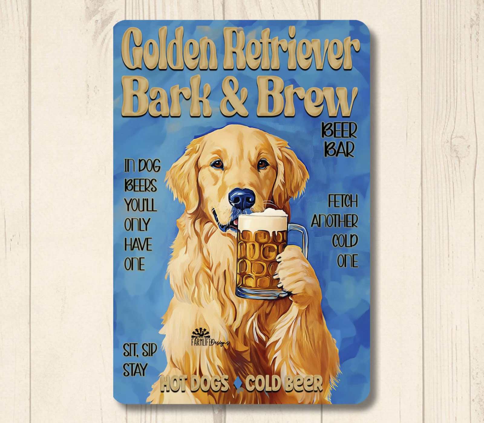 Golden Retriever Beer Bar Sign Bark & Brew pub man cave dog funny metal wall art home decor