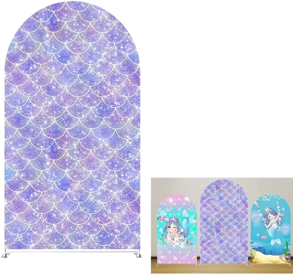 Mermaid Stretchy Arched Backdrop Cover Fish Scale Wave Arched Stand Covers for Girl Princess Birthday Parties Decoration GX-119-3x6.5ft