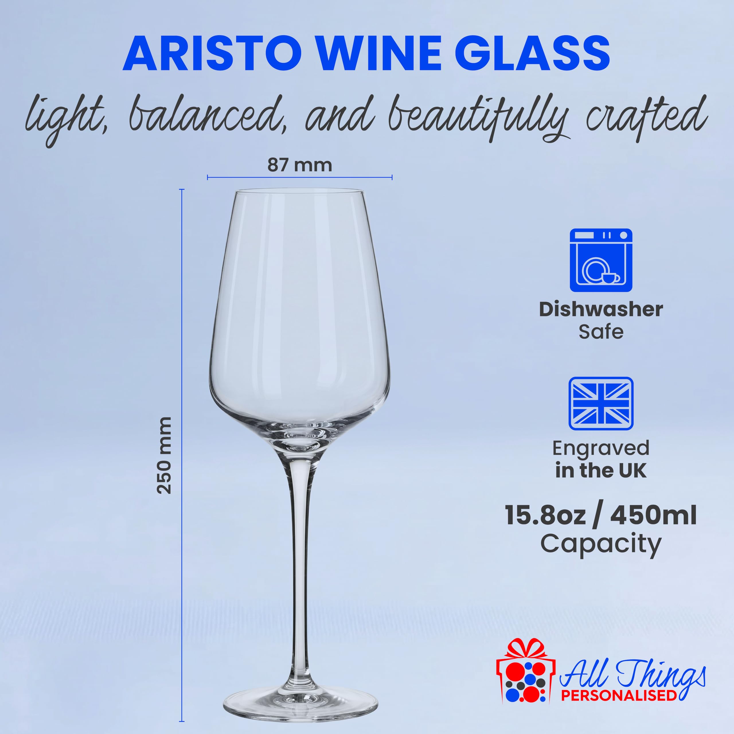 All Things Personalised Calice Vino Personalizzato 450ml - Bicchiere Vino per Compleanno, Matrimonio e Altro - Personalizzabile con Nome e Messaggio - Confezione Regalo, Incisione al Laser