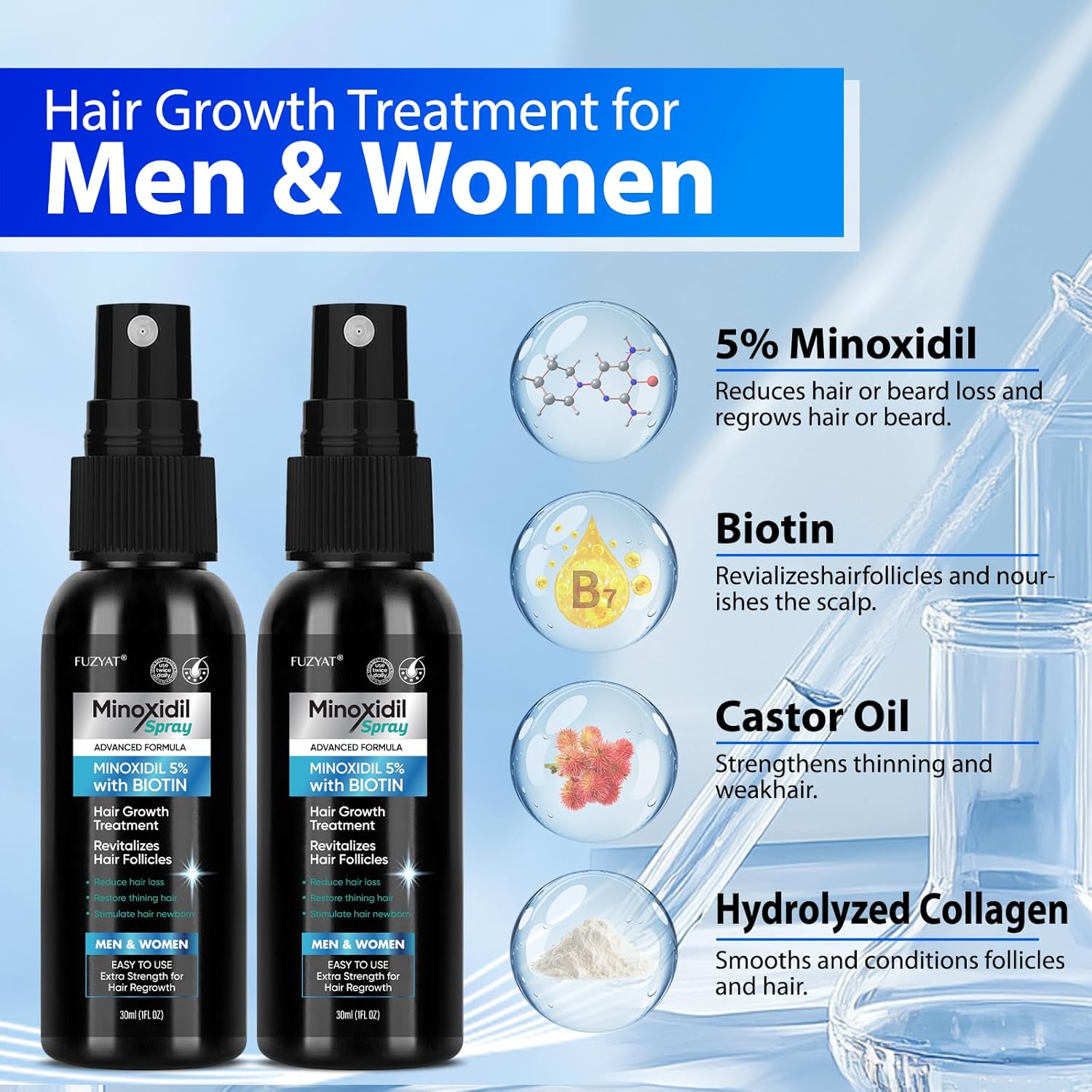 5% Minoxidil for Men Hair Loss Treatment, Minoxidil for Women Hair Growth Spray, For Men & Women, Supports Thinning Hair, With Biotin, Easy Daily Application (60ml) - Image 2