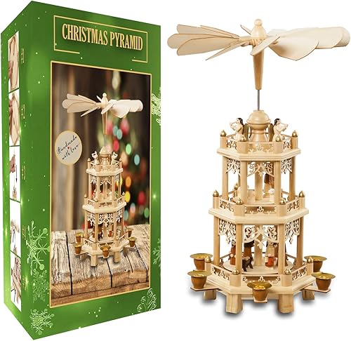 Pirámide de decoración navideña alemana de 18 pulgadas Belén. Belén de vacaciones Carrusel de 6 candelabros. Diseño alemán