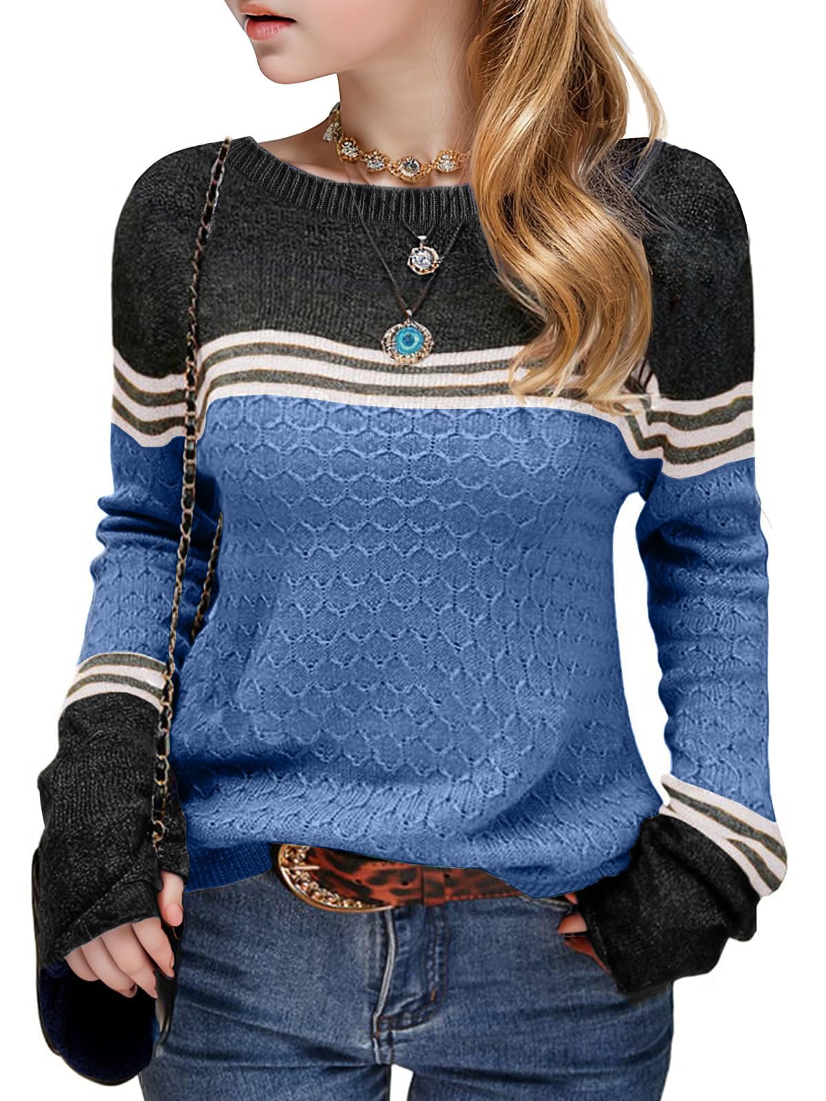Seiciviy Girls Winter Sweaters Long Sleeve Round Neck Color Block Striped Casual Loose Lightweight Fall Spring Cozy Tops