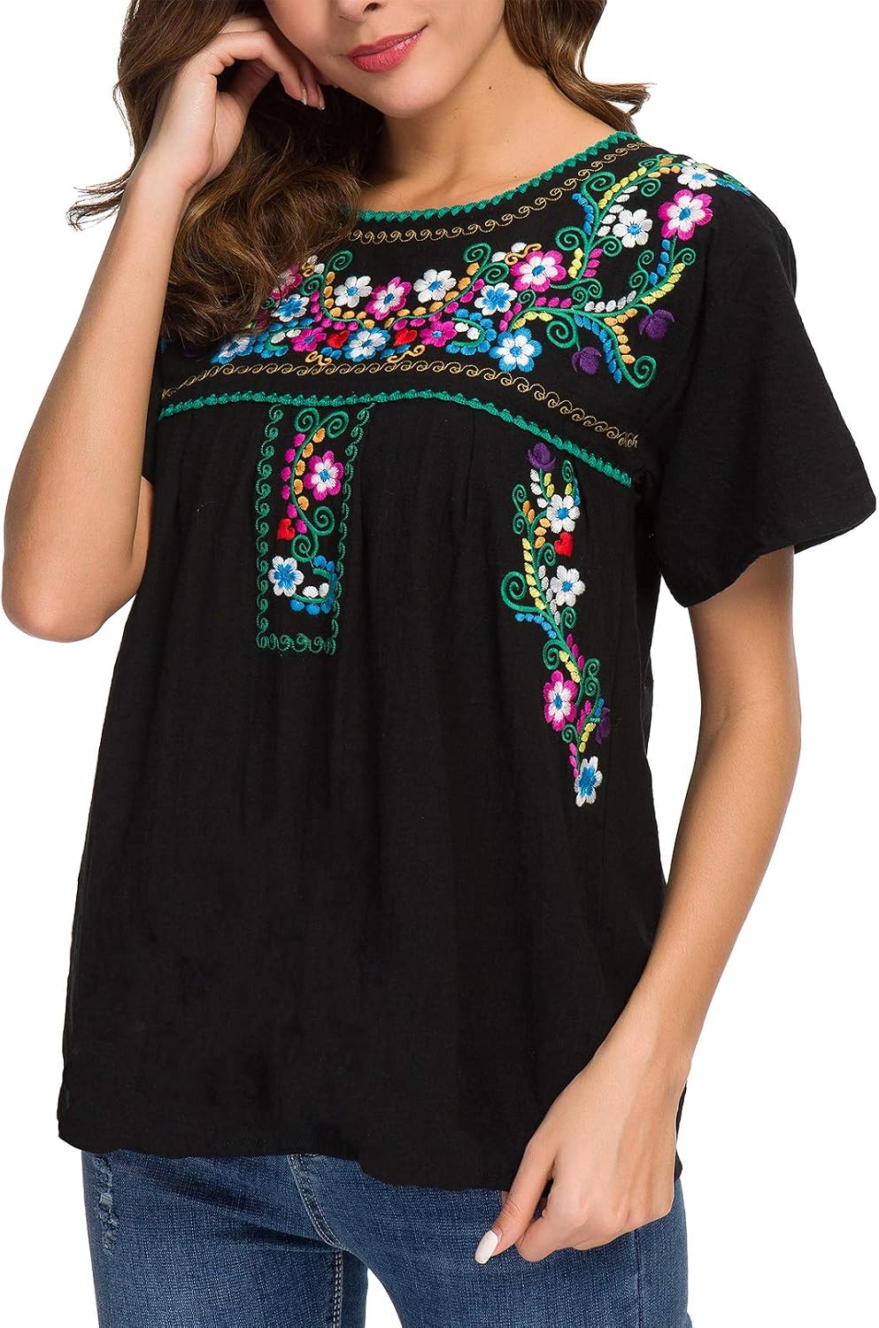 YZXDORWJ Women's Embroidered Mexican Peasant Blouse Mexico Summer Shirt Short Sleeve