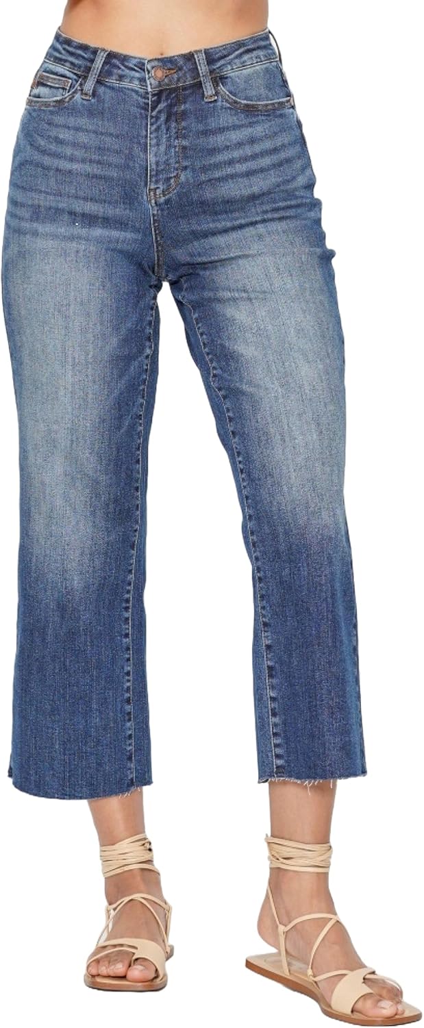 Judy Blue Women's High Waist Back Pocket Embroidery Crop Wide Leg Jeans